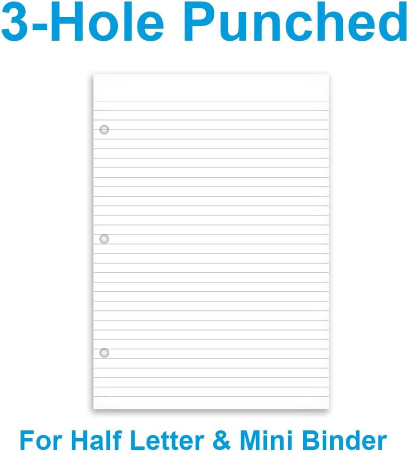 Half Letter Lined Paper 3Hole Punched 5.8×8.2Inch 100 Sheets Binder 3 PCS