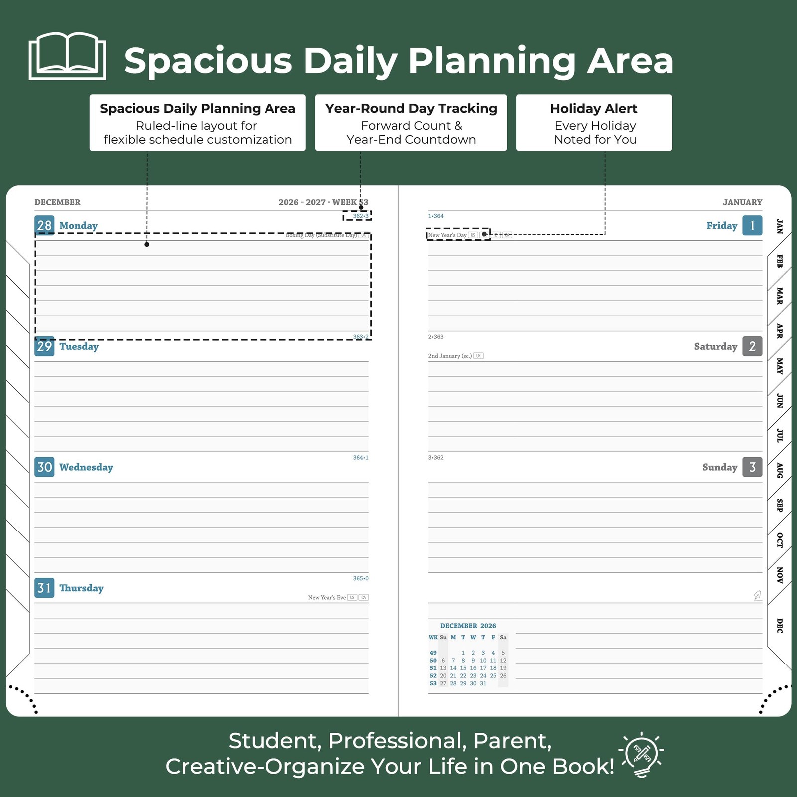 IN-LUXPRO Weekly Monthly 2026-2027 Planner (July Medium-8.5″ x 6.5″, Green