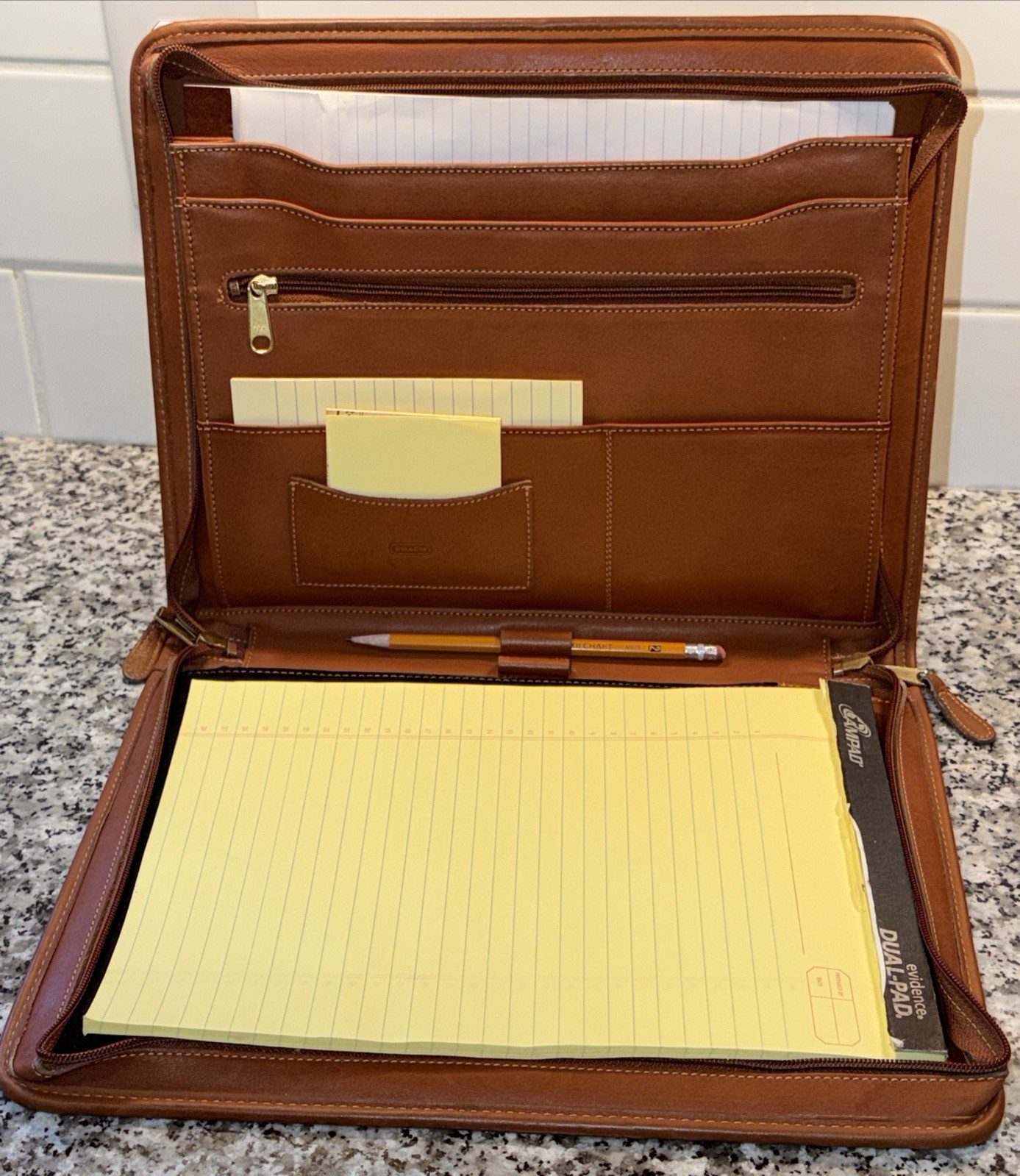 Vintage Coach Brown Leather Zippered Portfolio Organizer Notepad Folio 10×12.5