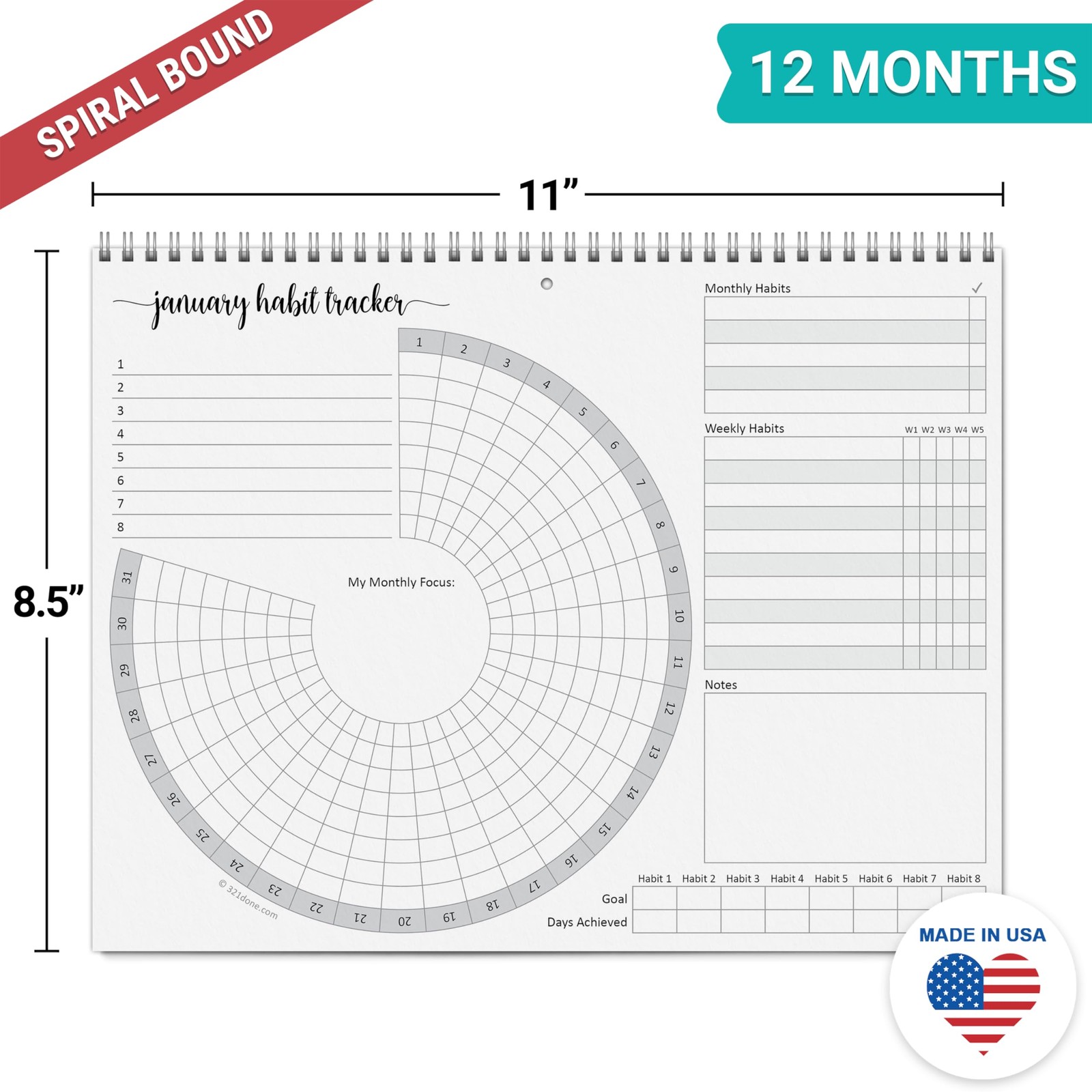 321Done Habit Tracker Calendar Pad, 8.5×11 Monthly, Made in 8.5″ x 11″, Wheel
