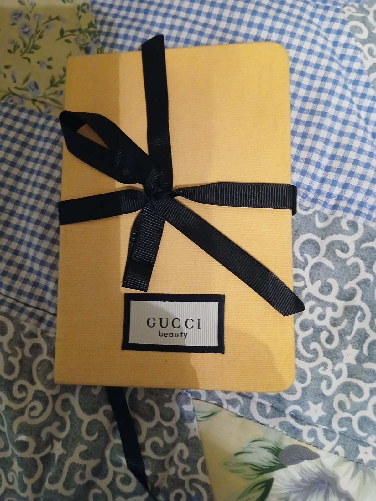 Gucci Beauty Yellow Canvas Notebook With Black Ribbon Tie & Marker