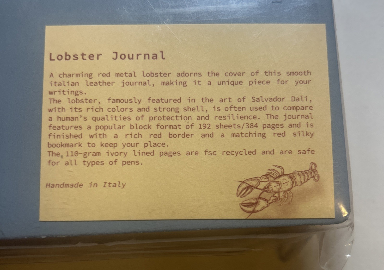 Blue Leather Square Journal, Embroidered Metal Red Lobster, Handmade In Italy