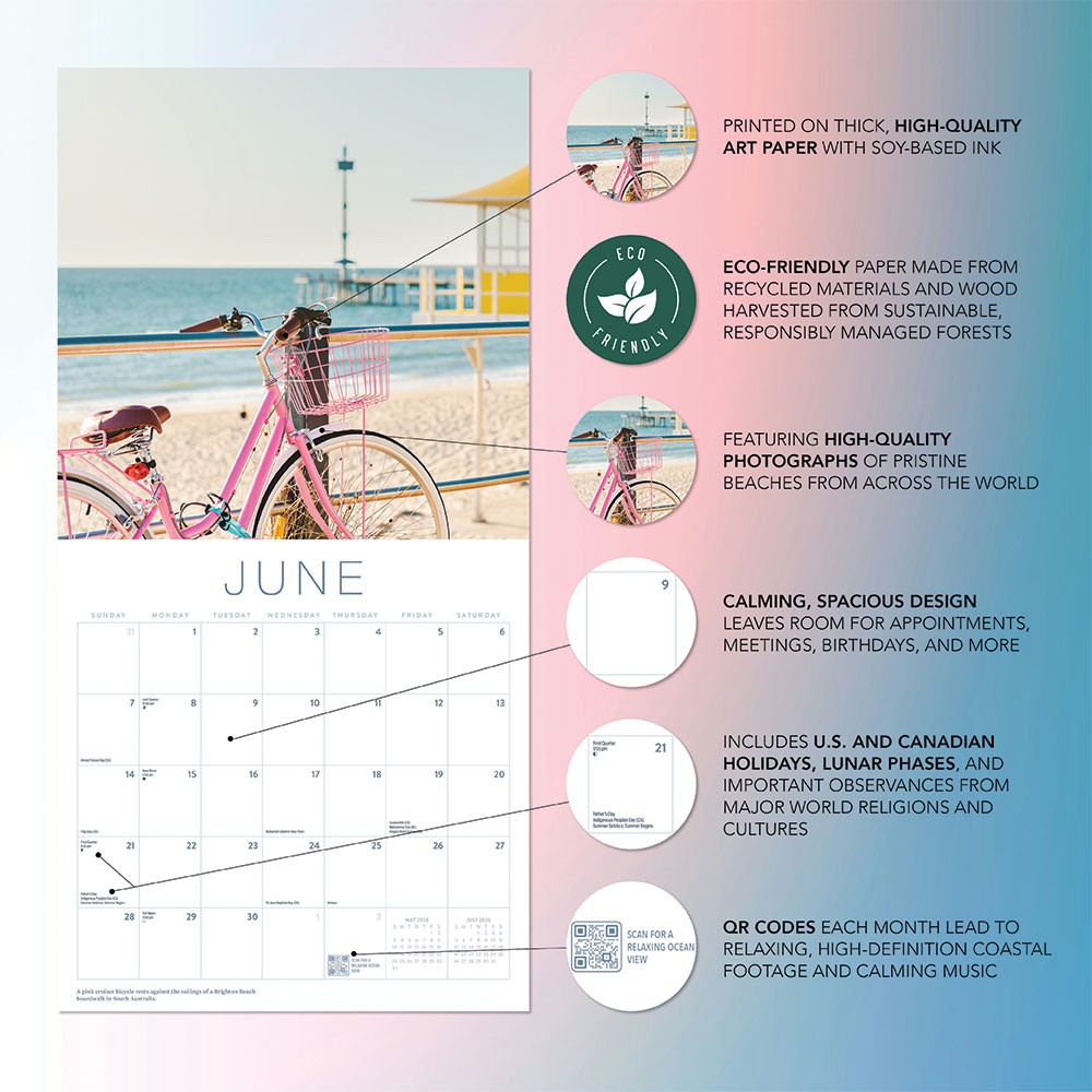 Beach Calendar 2026 | 12″ x 24″ 12 Month Calendar | Marble City Press