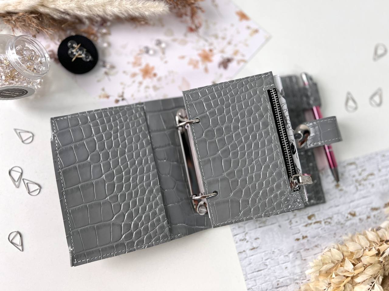 Grey leather notebook cover A7 6 rings mini wallet, dated 2026 planner.