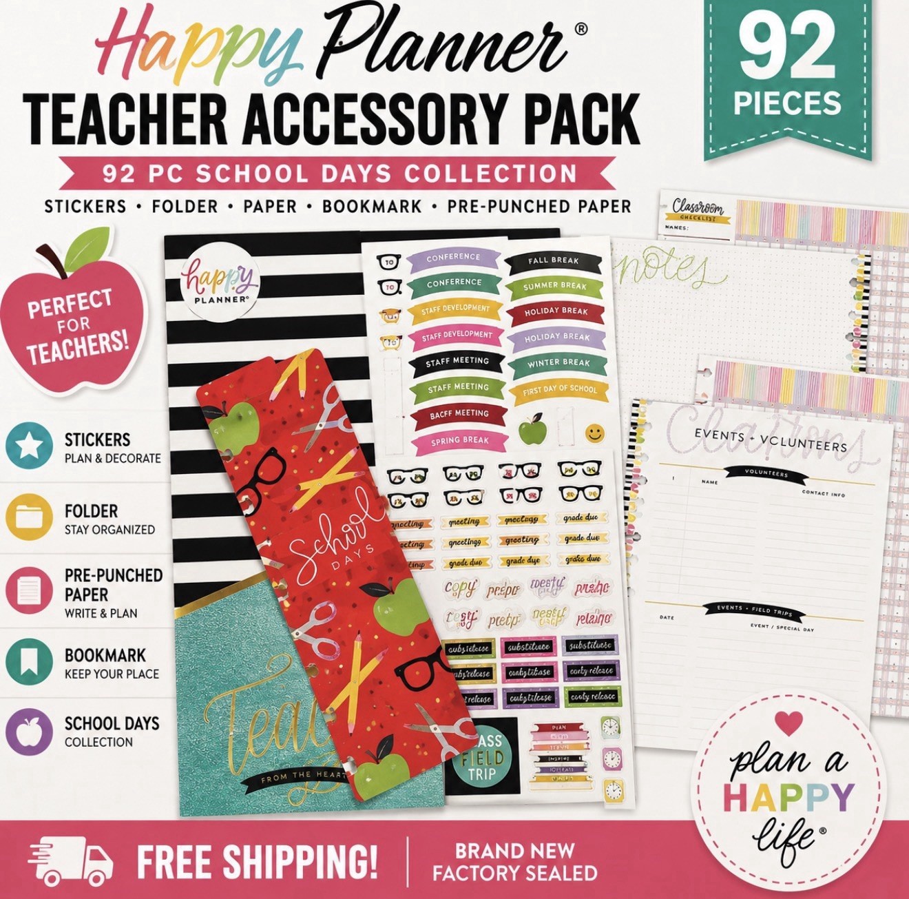 Happy Planner Teacher Accessory Pack 92 Pc Stickers Folder Bookmark Paper New