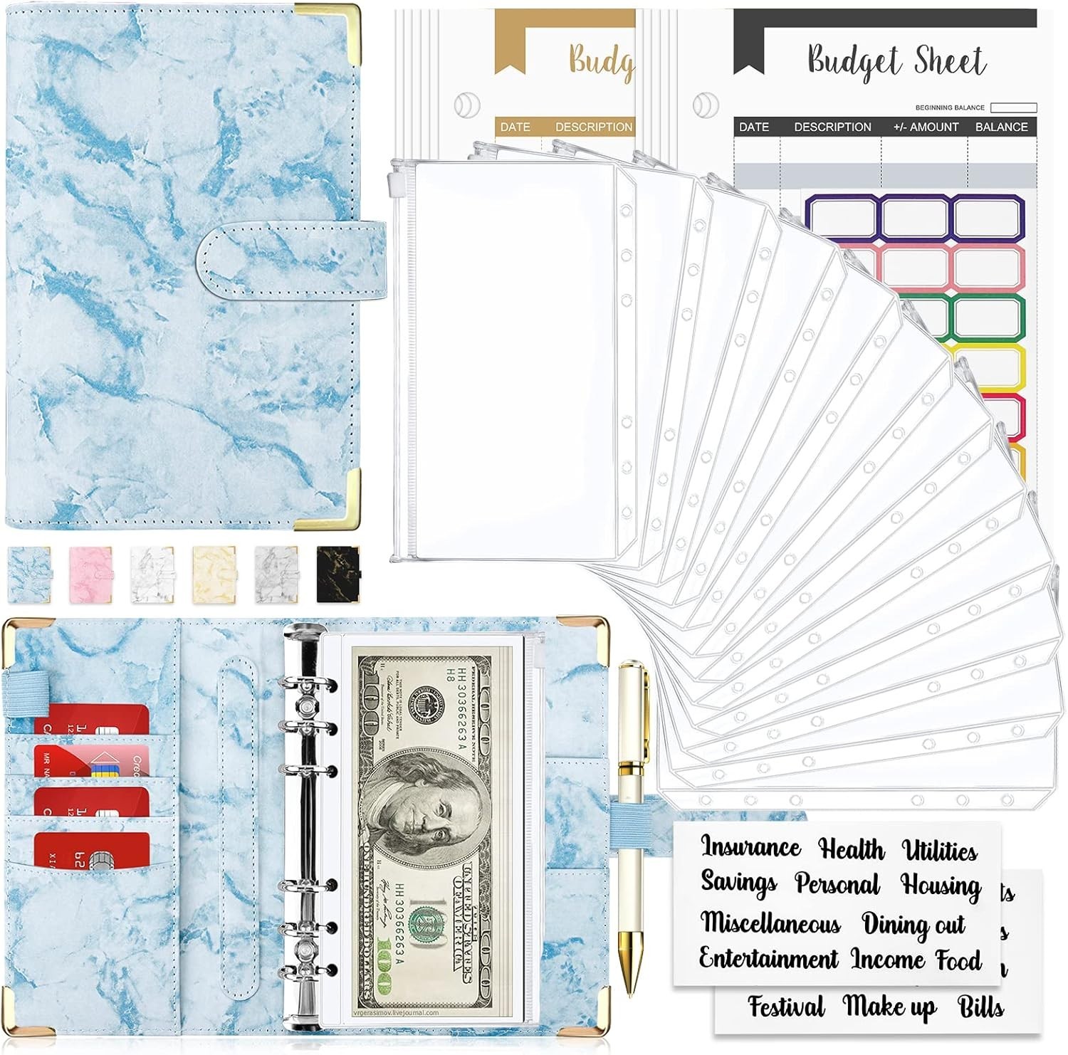 Waterproof 28-Piece Budget Planner with Cash Envelopes & Stylish Marble Cover