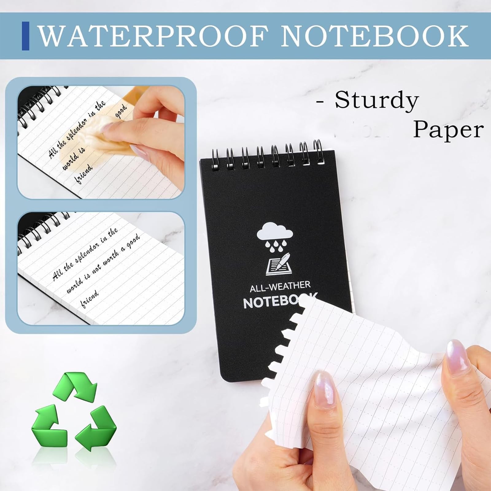COIDEA 6 Pack Waterproof Notebook, 3 x 5 Pocket Notepad, Top-Spiral Rainbow