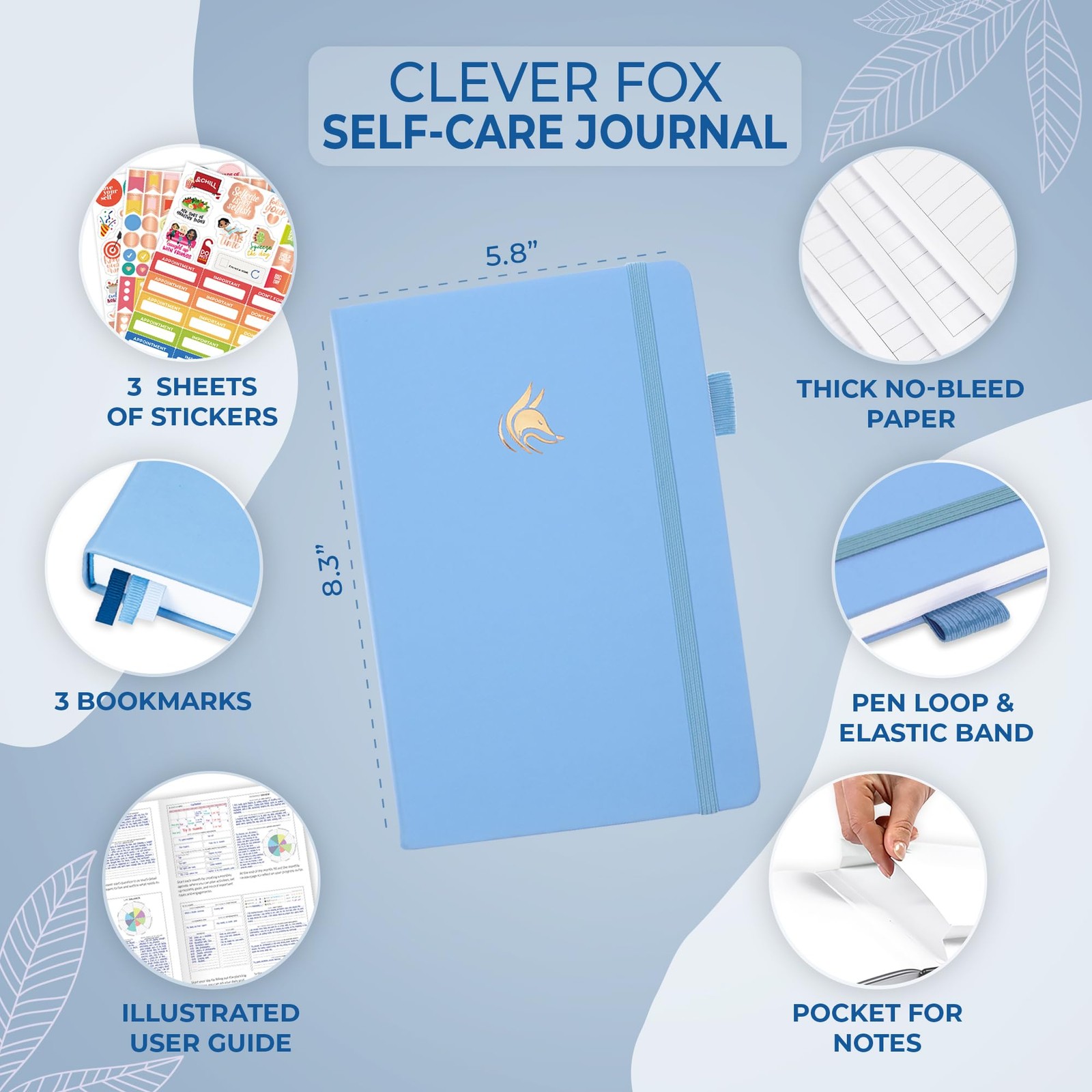 Clever Fox Self-Care Journal – Daily A5 (5.8” x 8.3”), Light Blue