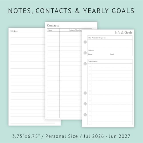 Planner Refill 3.75×6.75 Inch Jul 2026 Jun 2027 Weekly Monthly A6 Ring Binder
