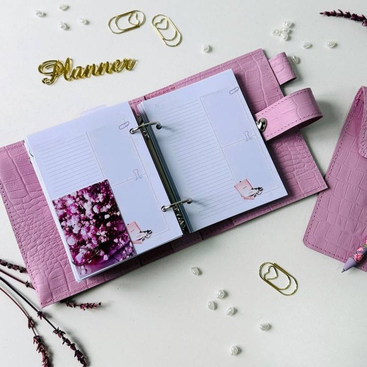 Luxury Genuine Leather Mini Planner Set – Pocket Size A7 – Lilac Croc Embossed