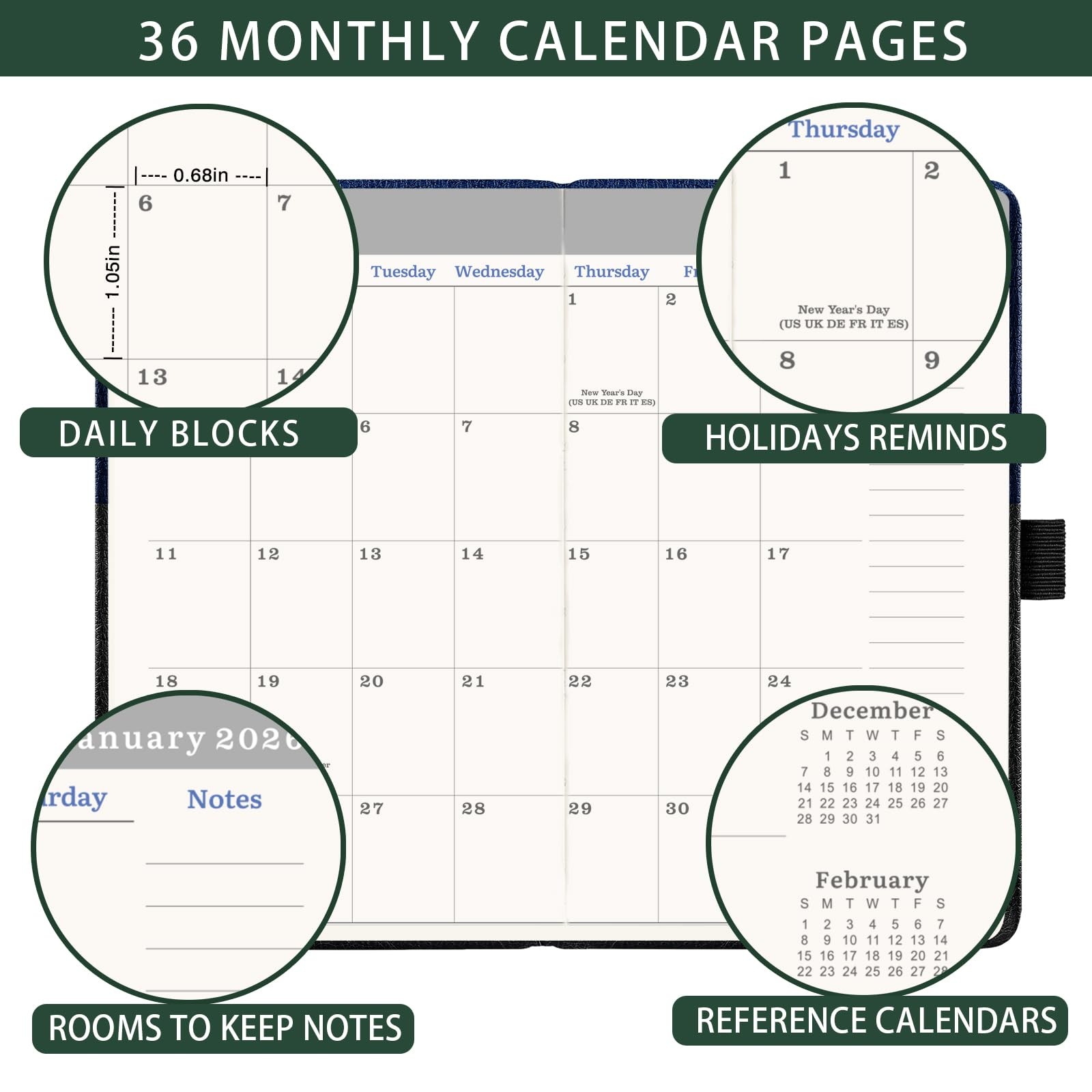 2026-2028 Pocket Calendar/Planner – 3 Year Monthly 6.4″ x 3.8″, Green