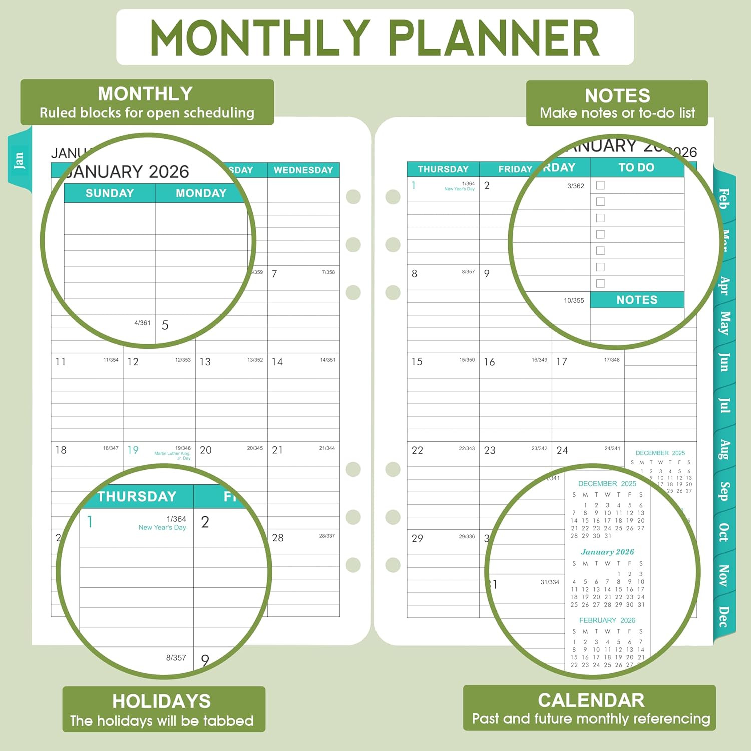 2026-2027 Monthly Planner Refill – Planner Inserts with 7-Hole Punched, 5-1/2″