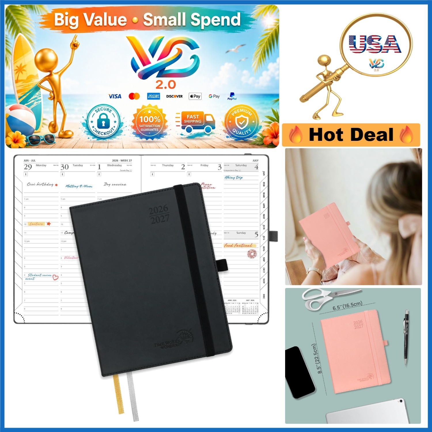 Planner 2026-2027 Leather Soft Cover 6.5 x 8.5 Hourly Academic Organizer Black
