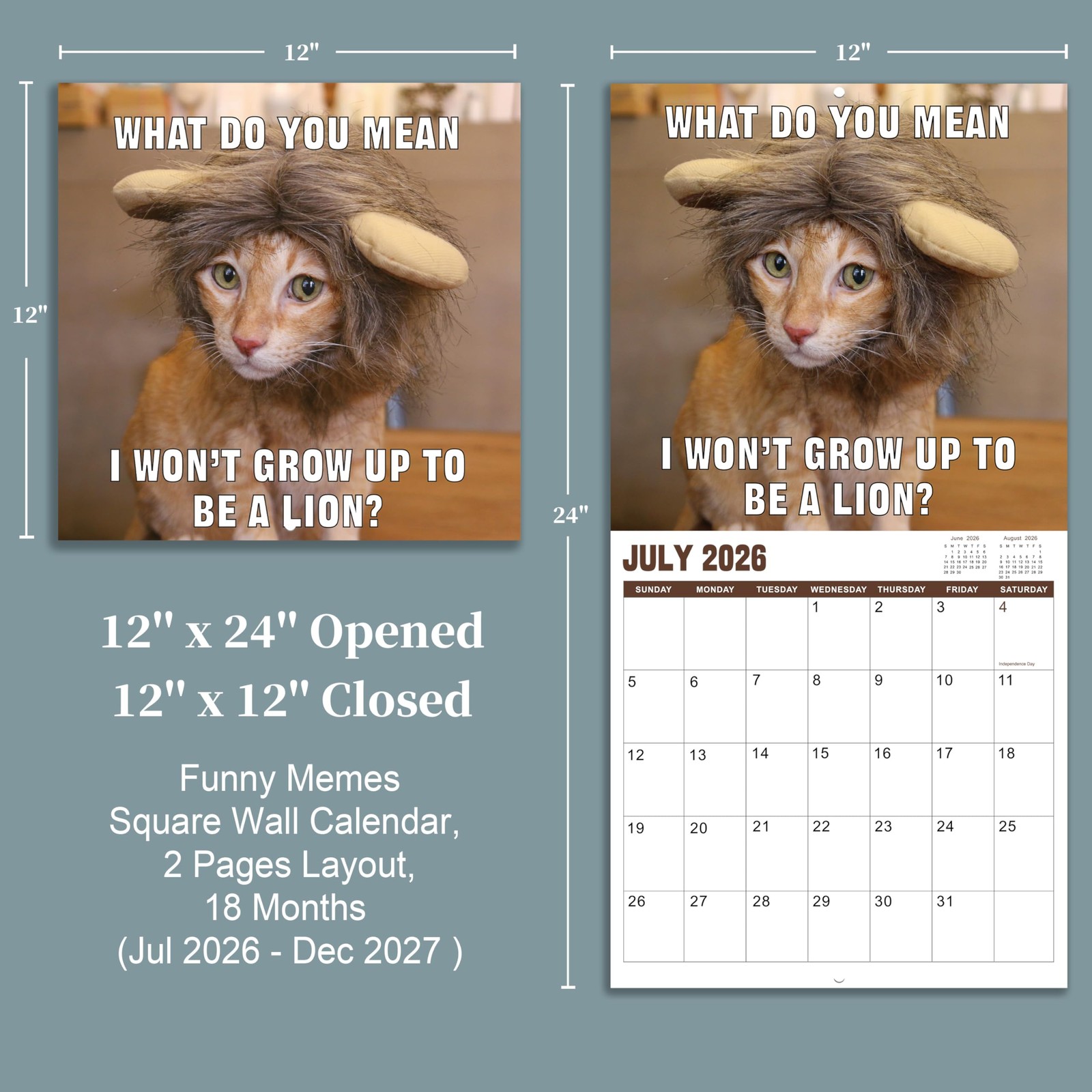 2026-2027 Wall Calendar – July 2026 – December 2027, Funny 12″ x 24″, Brown