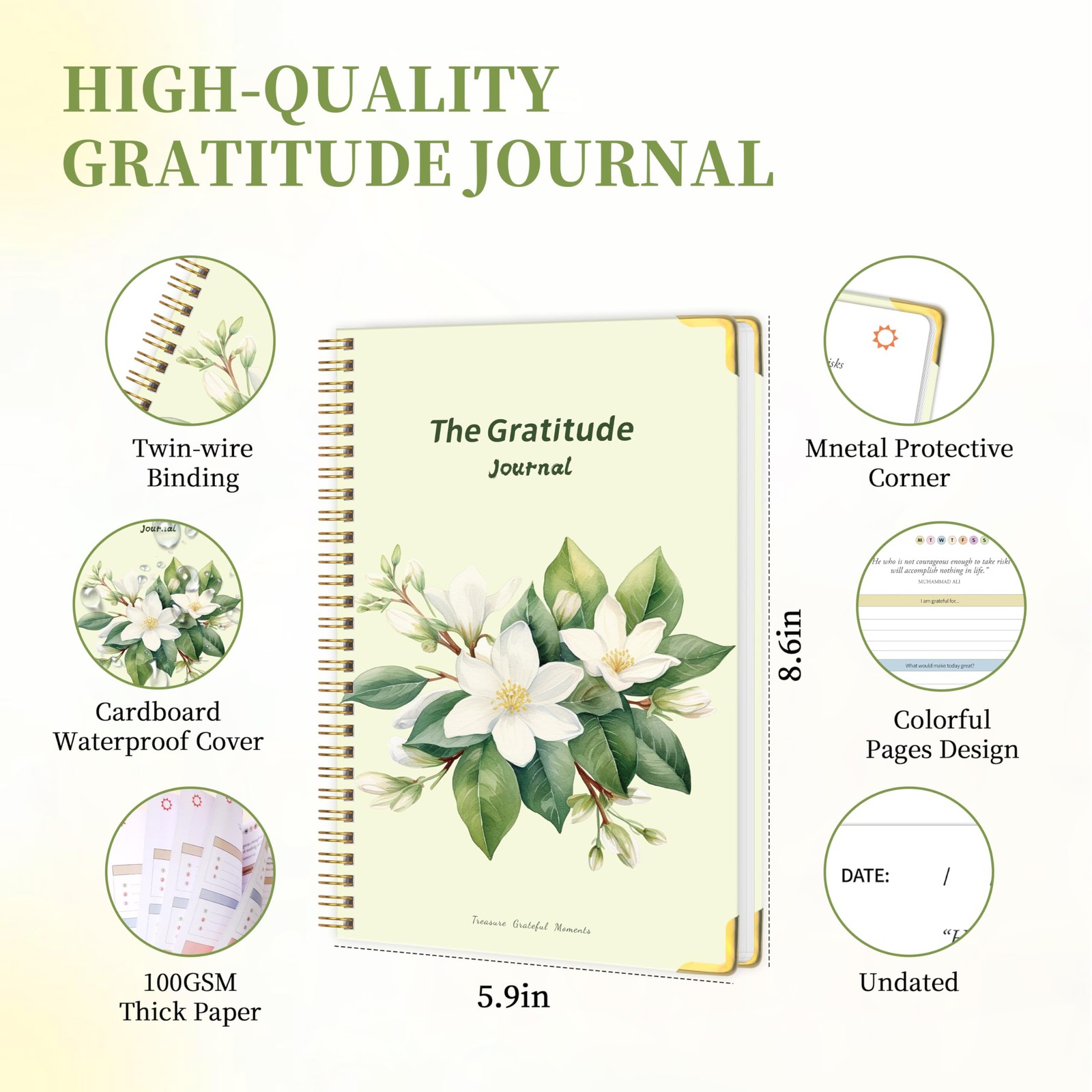 The Gratitude Journal for Women Men, 5 5.875 X 8.625 inches, Yellow Greem