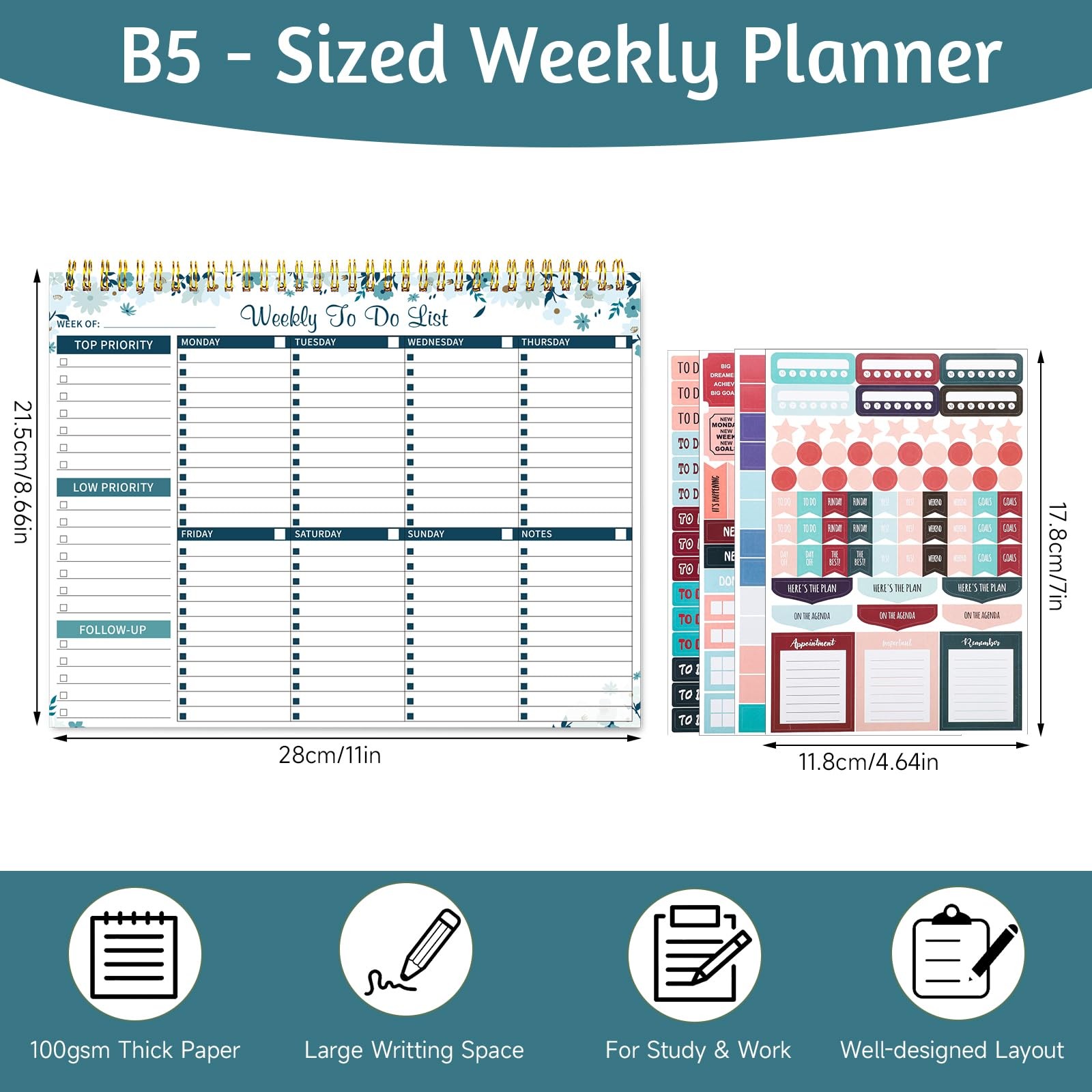 Thboxes 52 Sheets Weekly To Do List Notepad, 8.5″ x 11″ Efficiently Plan Blue