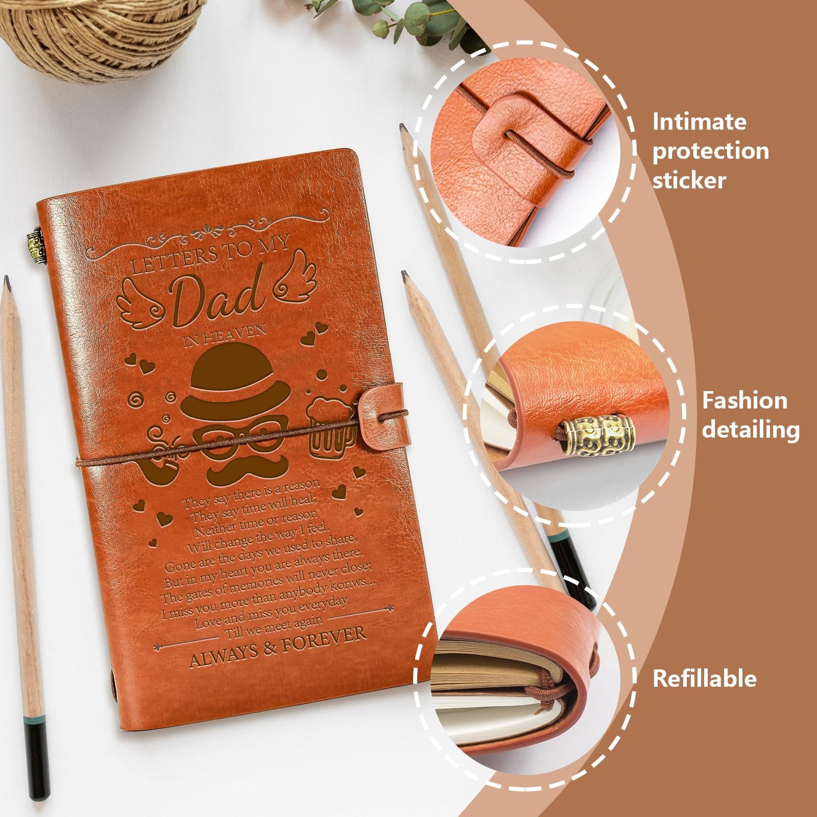 Memorial Gifts for Loss of Father, 136 Page Refillable Leather Journal Sympat…