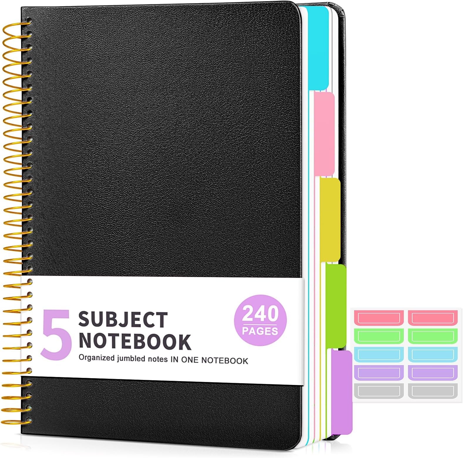 5 Subject Notebook College Ruled with Removable Pocket Dividers Tabs, 240 Pag…
