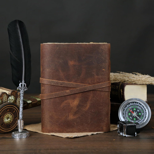 Leather Journal with Deckle Edge Paper 8×6 inch and Vintage Key 7 x 5, Brown