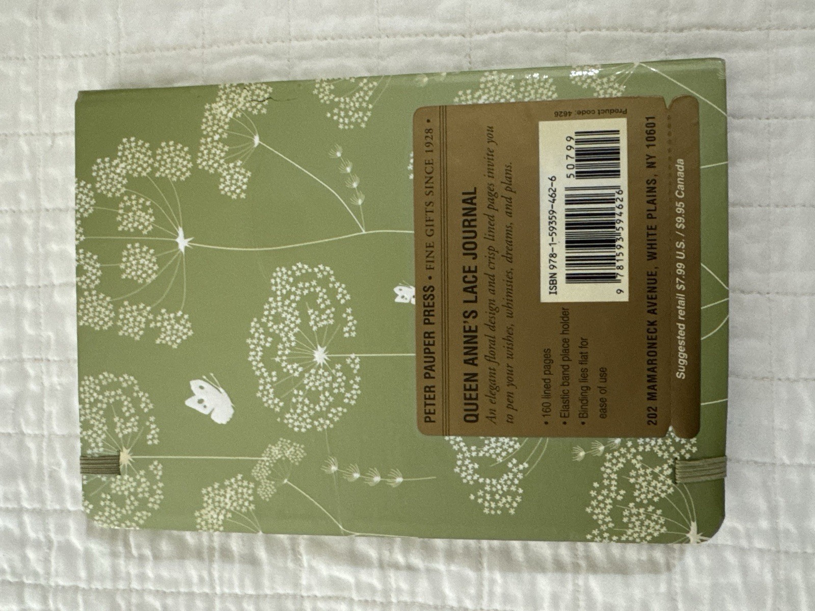 Peter Pauper Press Queen Anne’s Lace Journal Lined Elastic Band Cardboard New