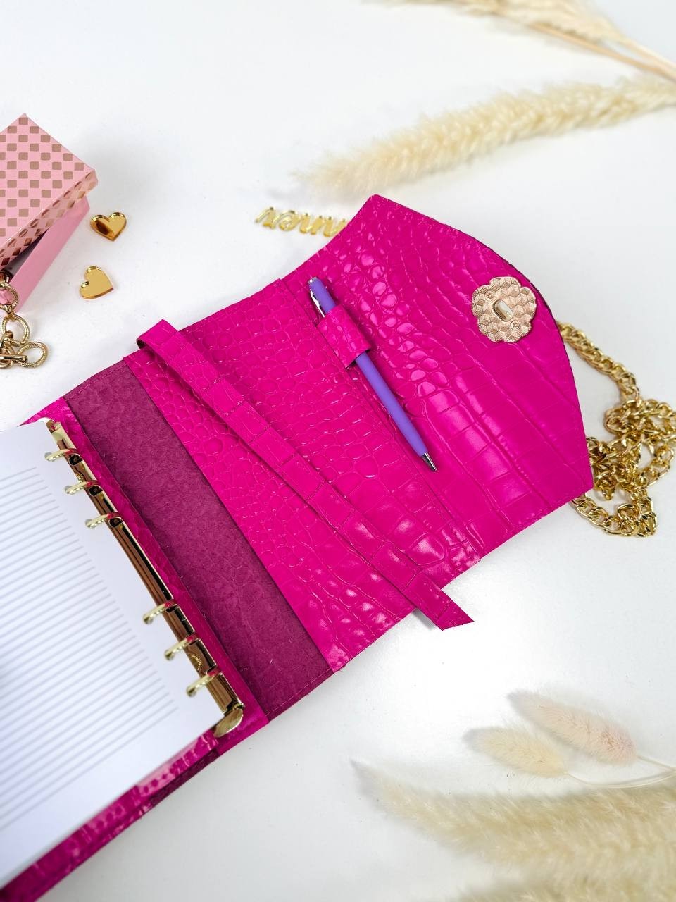 Pink A6 leather notebook cover-bag binder 6-Rings. Dated planner gift for her.