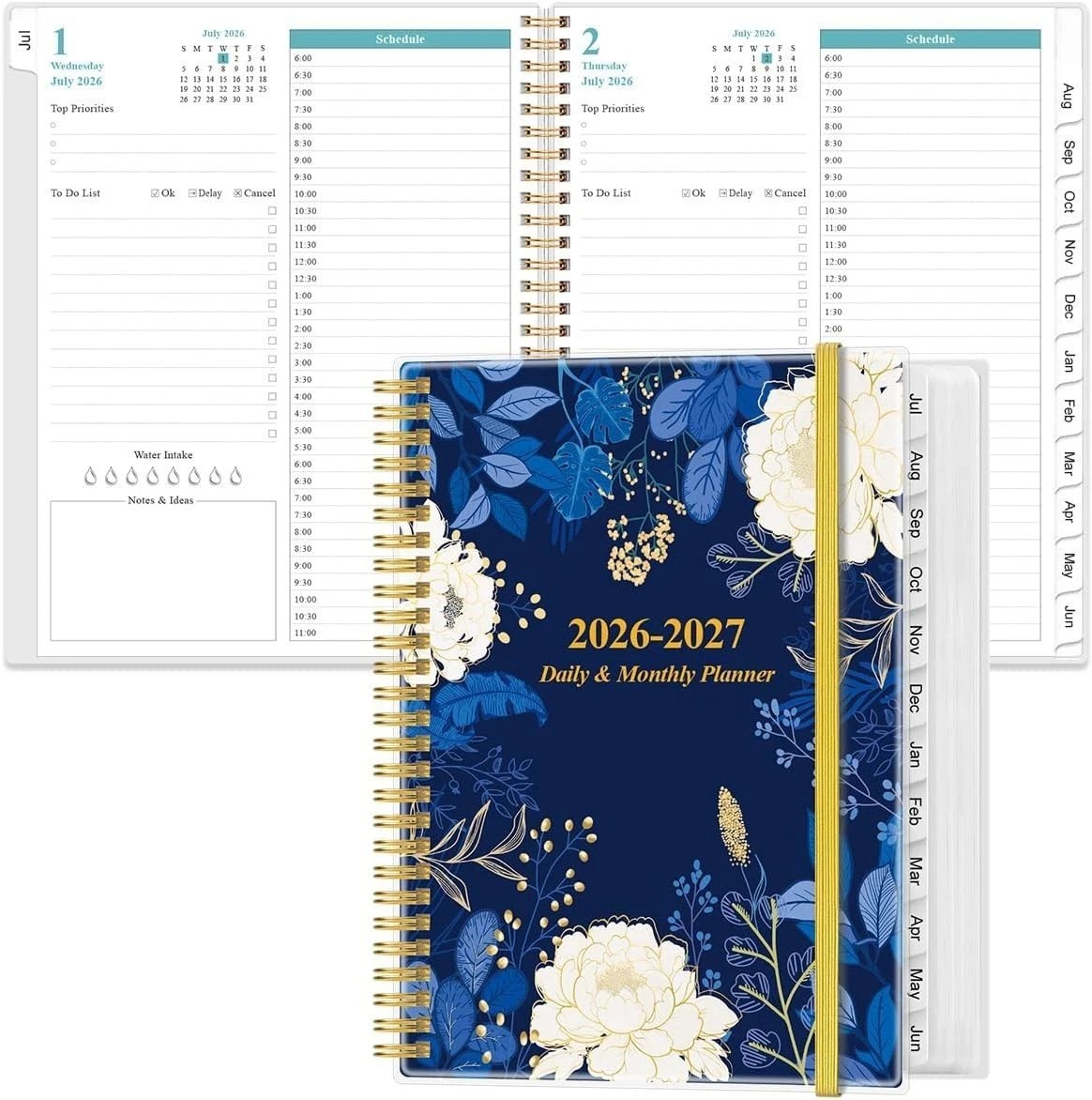 2026-2027 Daily Monthly Planner – Blue Leaf Design