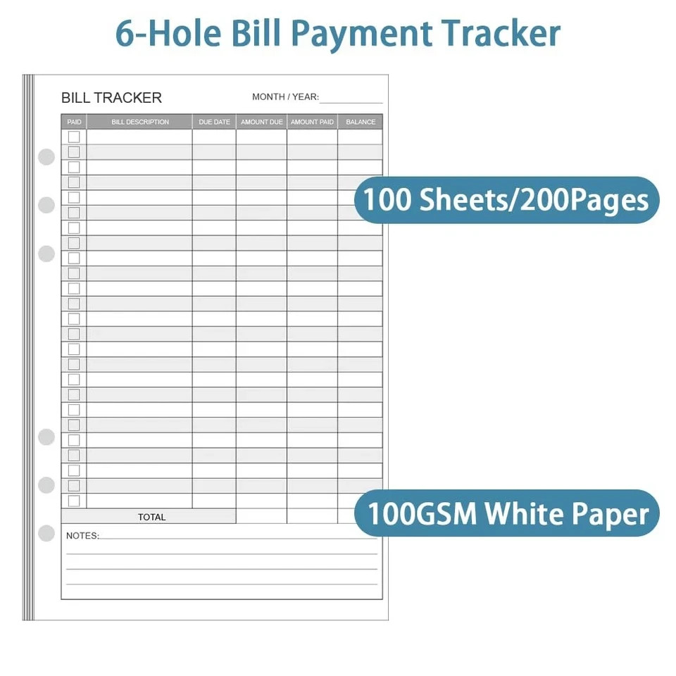 Bill Payment Tracker Refills – 100 Sheets/200 Pages, Bill Pay Checklist Refil…