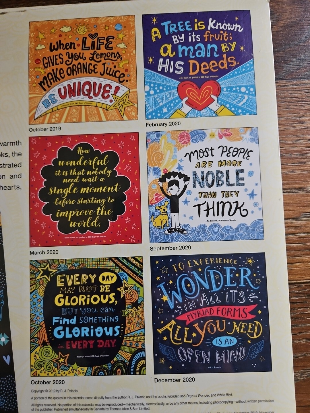 Wonder Calendar RJ Palacio 17-Month 8/2019-12/2020-Includes 12 Kindness Cards