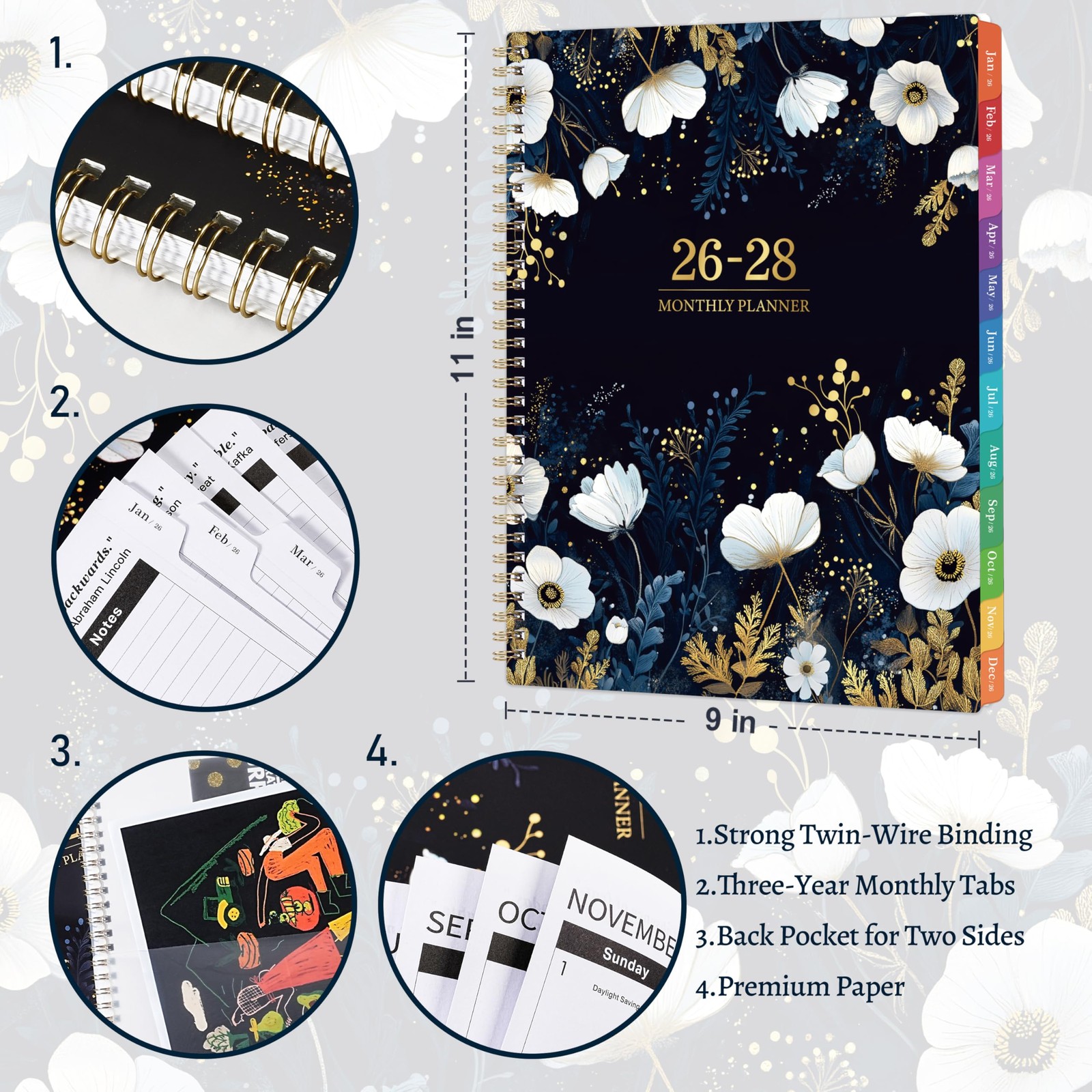 2026-2028 Monthly Planner/Calendar – January 2026 – 9” × 11”, navy blue