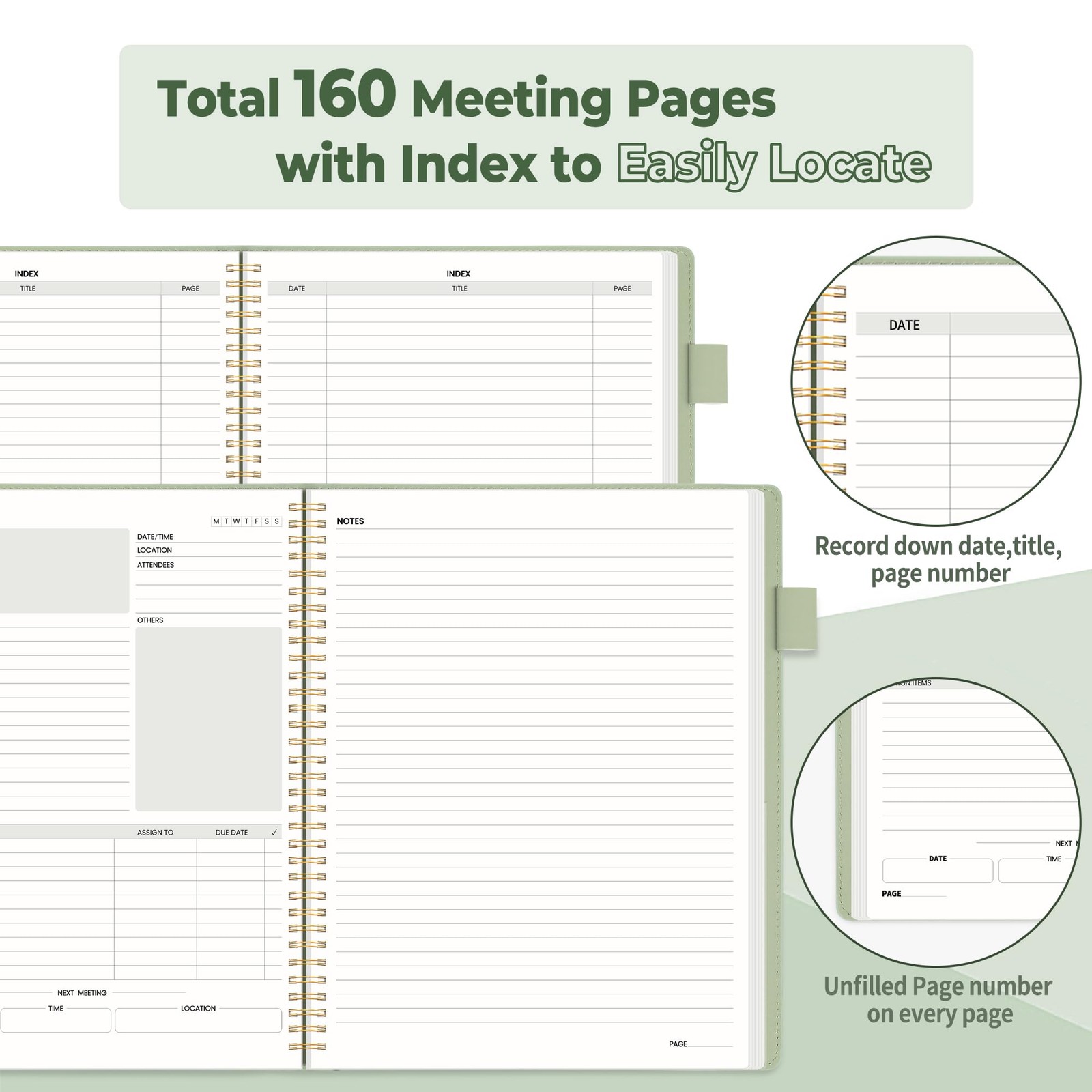 SUNEE Half Meeting Note – 8.5″x11″ Professional A4 8.5″x11″, Sage Green