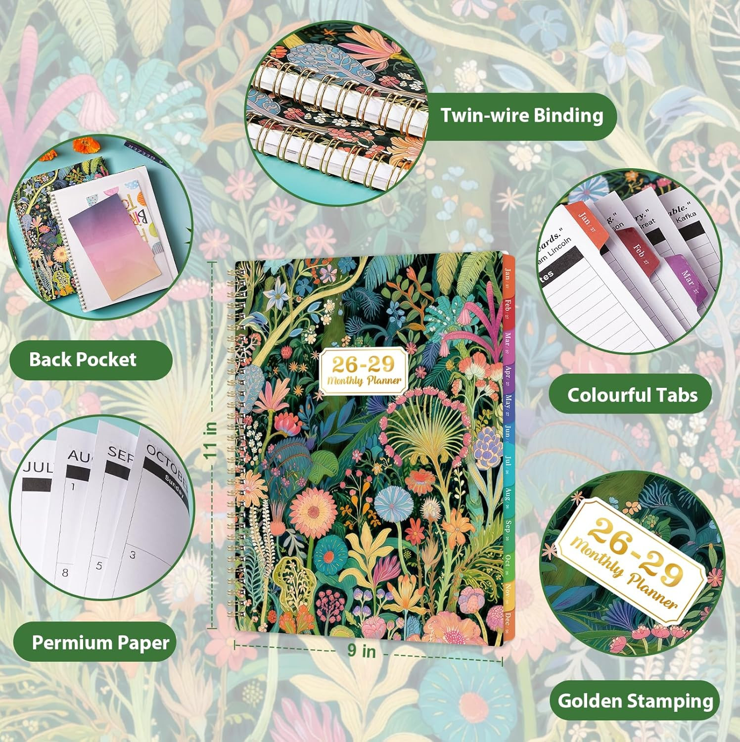 2026-2029 Monthly Planner 9″ x 11″ with Tabs Notes Pocket Tropical Plants