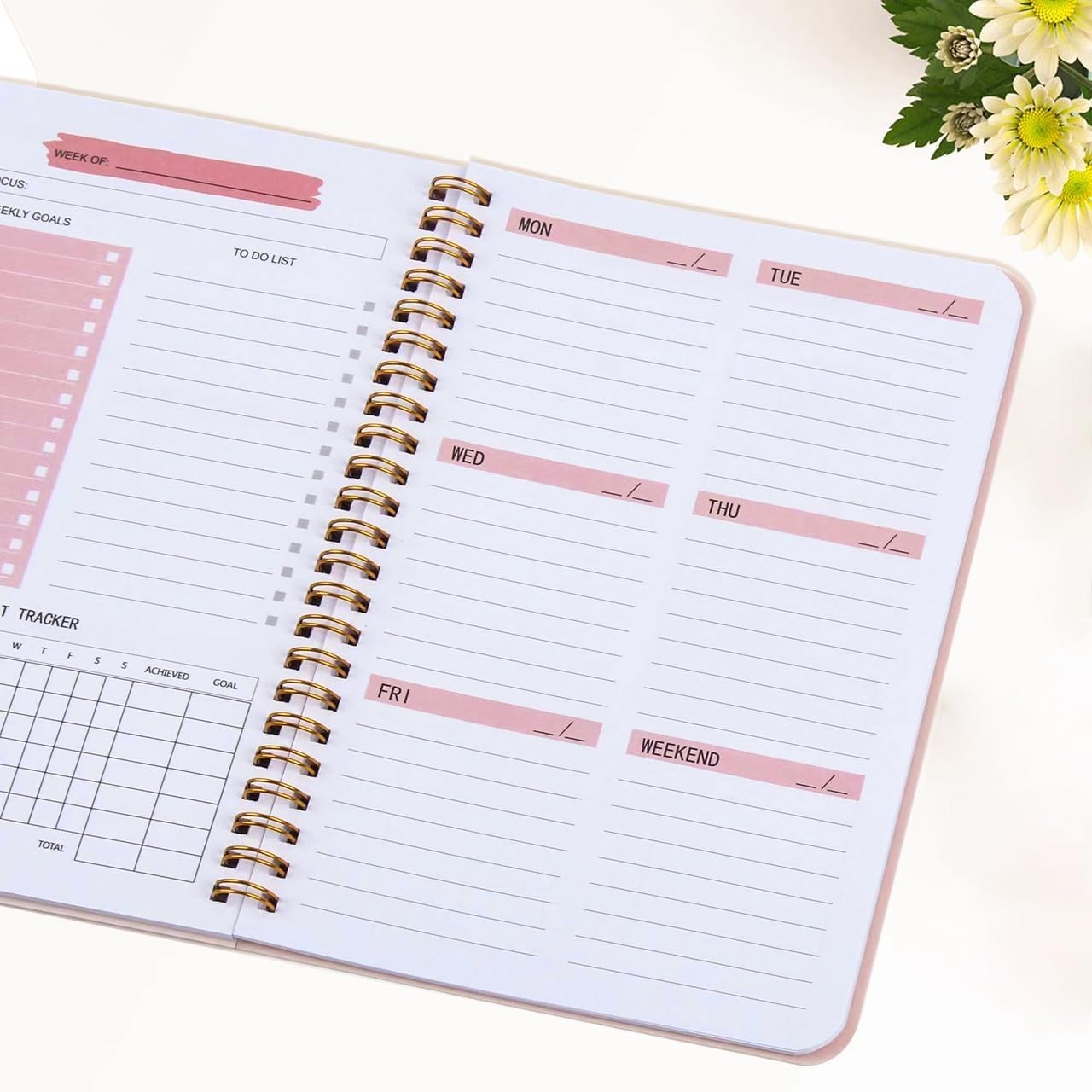 A5 Planner Undated, Weekly Goals Journal, Spiral Binding, Task Organizer, Pink
