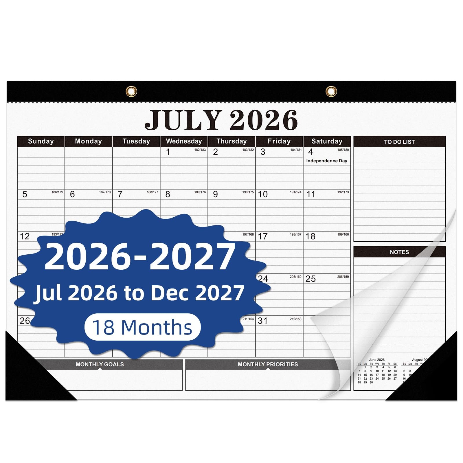 Tcamp Desk Calendar 2026-2027, Large 17″x12″(Jul 2026-Dec 2027), Black+White