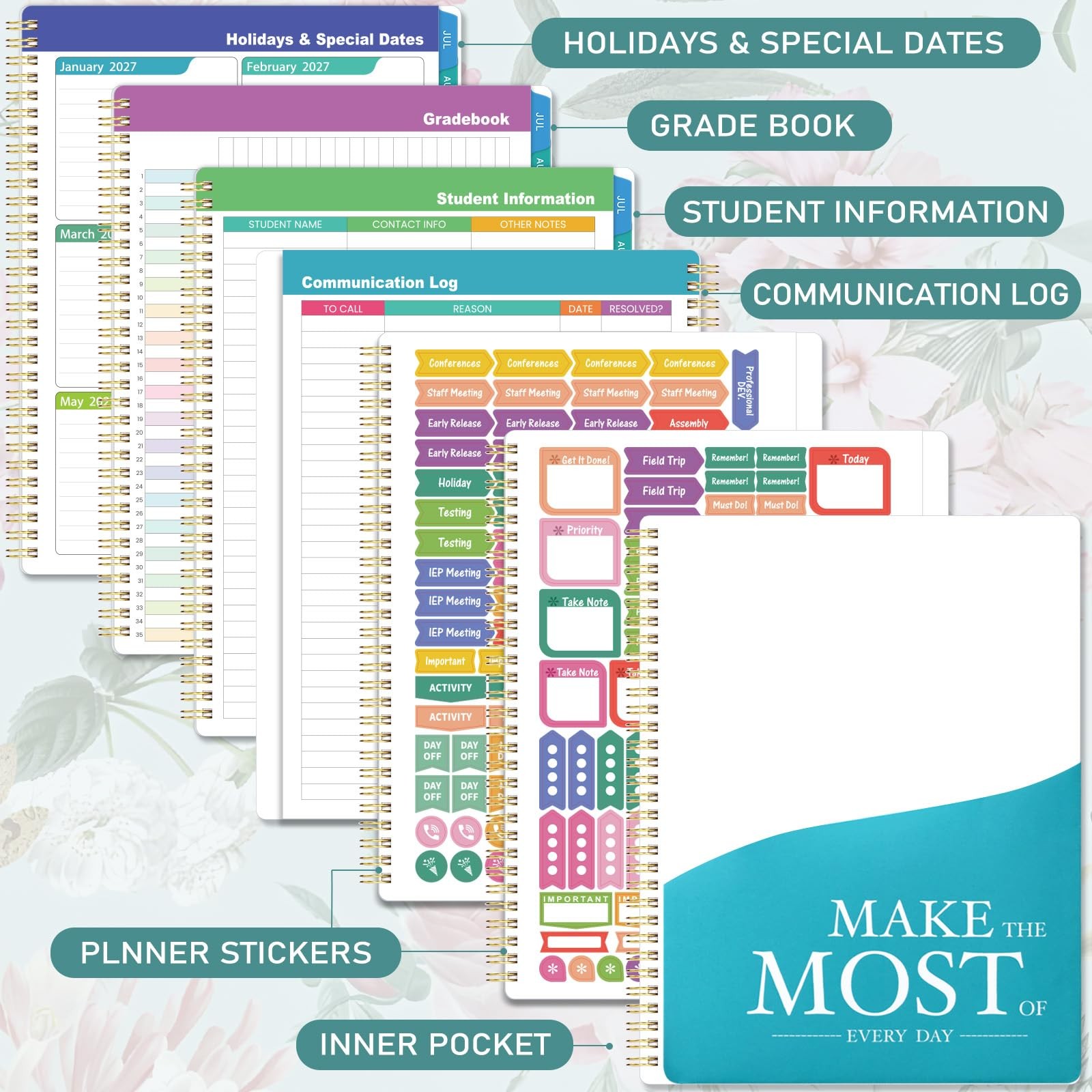 Teacher Planner 2026-2027 – Lesson 8.3″ x 11″, pink, purple, green
