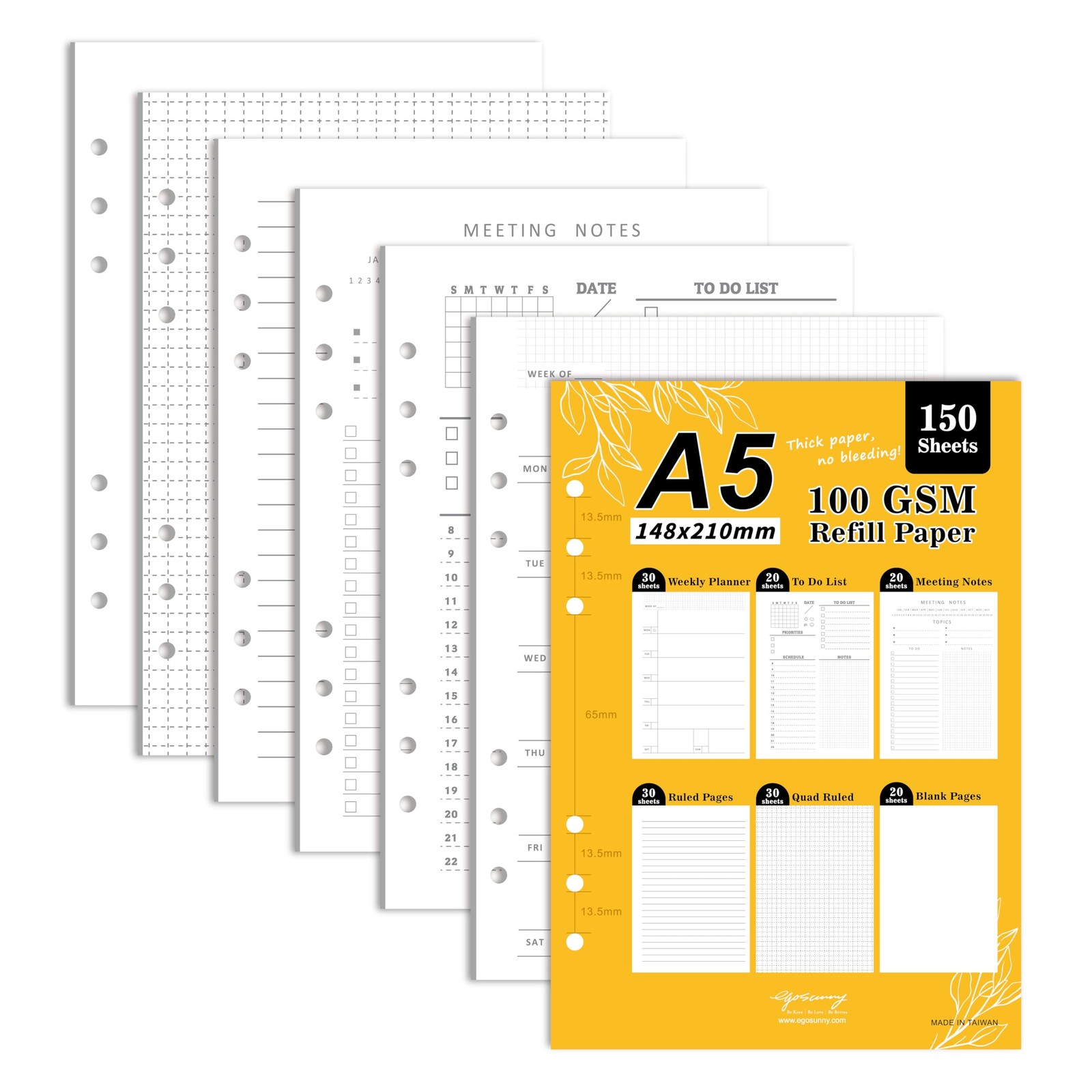 EGOSUNNY® A5 Refill Paper – Set of 150 Sheets – Perfect for Note-taker, WHITE