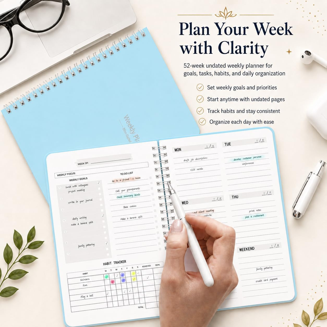 Undated Weekly Planner, A5 to Do List Notebook with Goal and Habit Tracker | 5.8