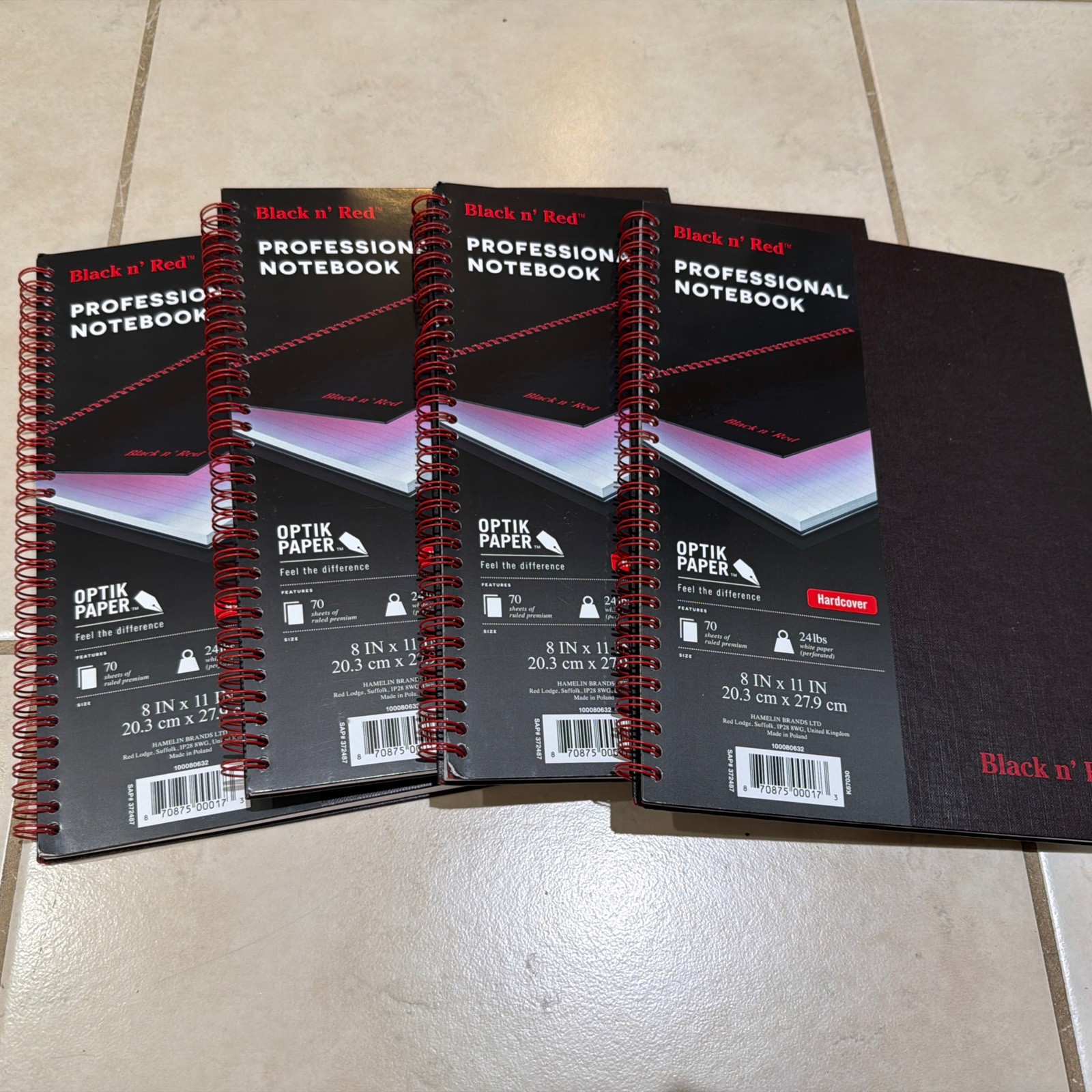 Qty 4 Black n’ Red Hardcover Spiral Notebook 11″ x 8-1/2″, 70 Sheets Ruled New