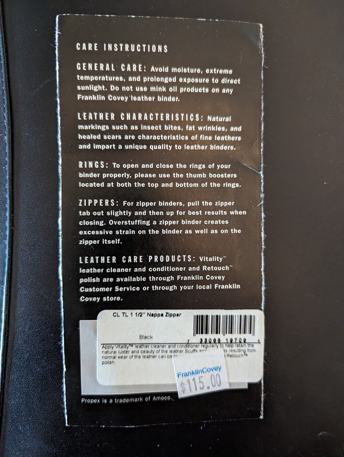 Franklin Covey 1-1/2” Black Vintage Leather Zipper Binder