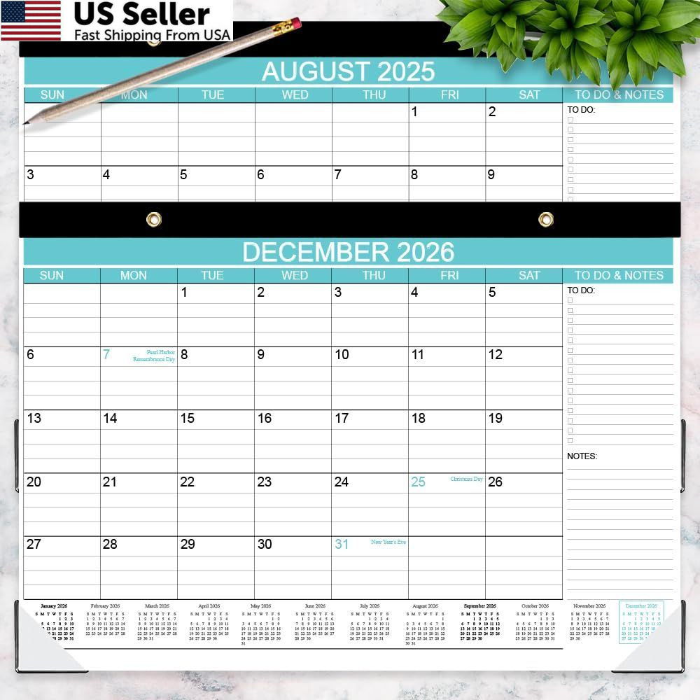 Desk Calendar 2025-2026, Runs Aug 2025 to December 2026, 17″ x 12″, Teal