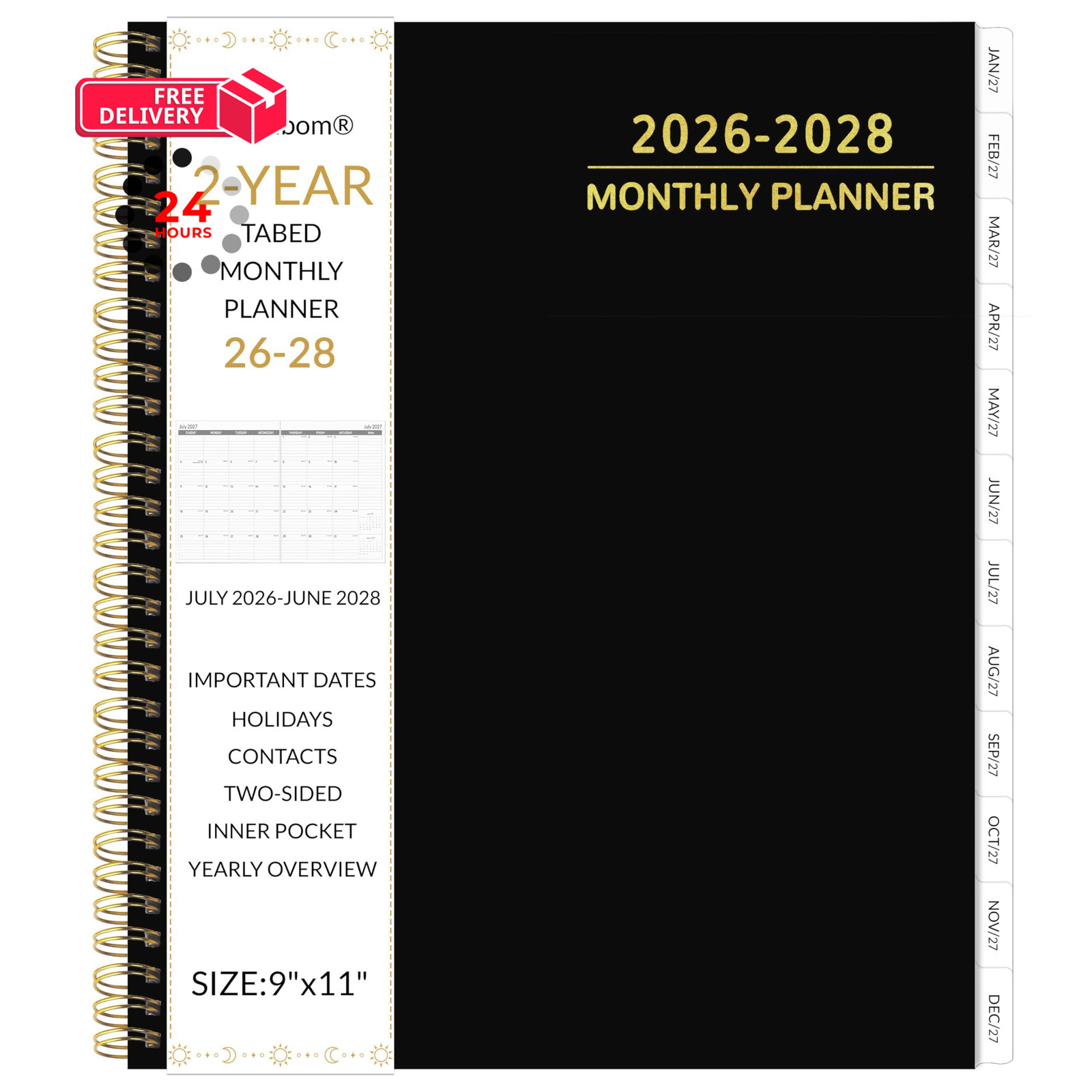2026-2028 Monthly Planner 2 Year 9 X 11 inches, Black