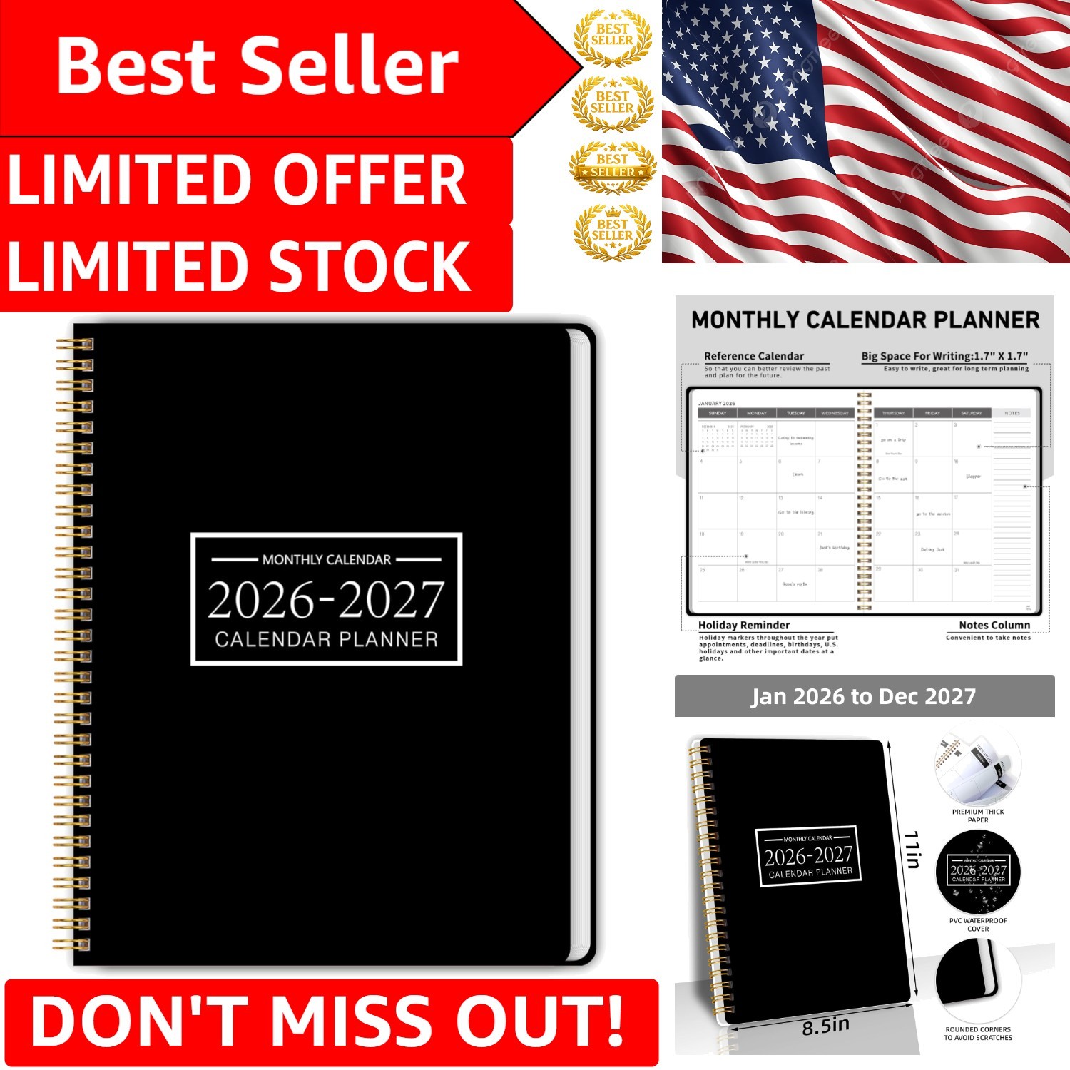 Durable 24- Planner 9×11 Inch, Waterproof PVC Cover for Teachers & Students