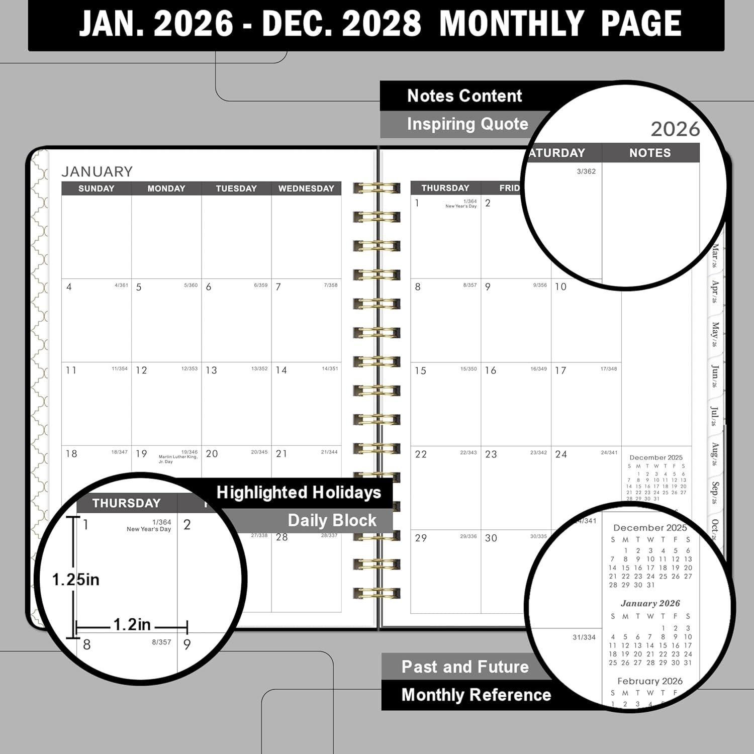 2025 2027 Monthly Planner Black Yearly Overview Thick Paper 6.4×8.5 Inches