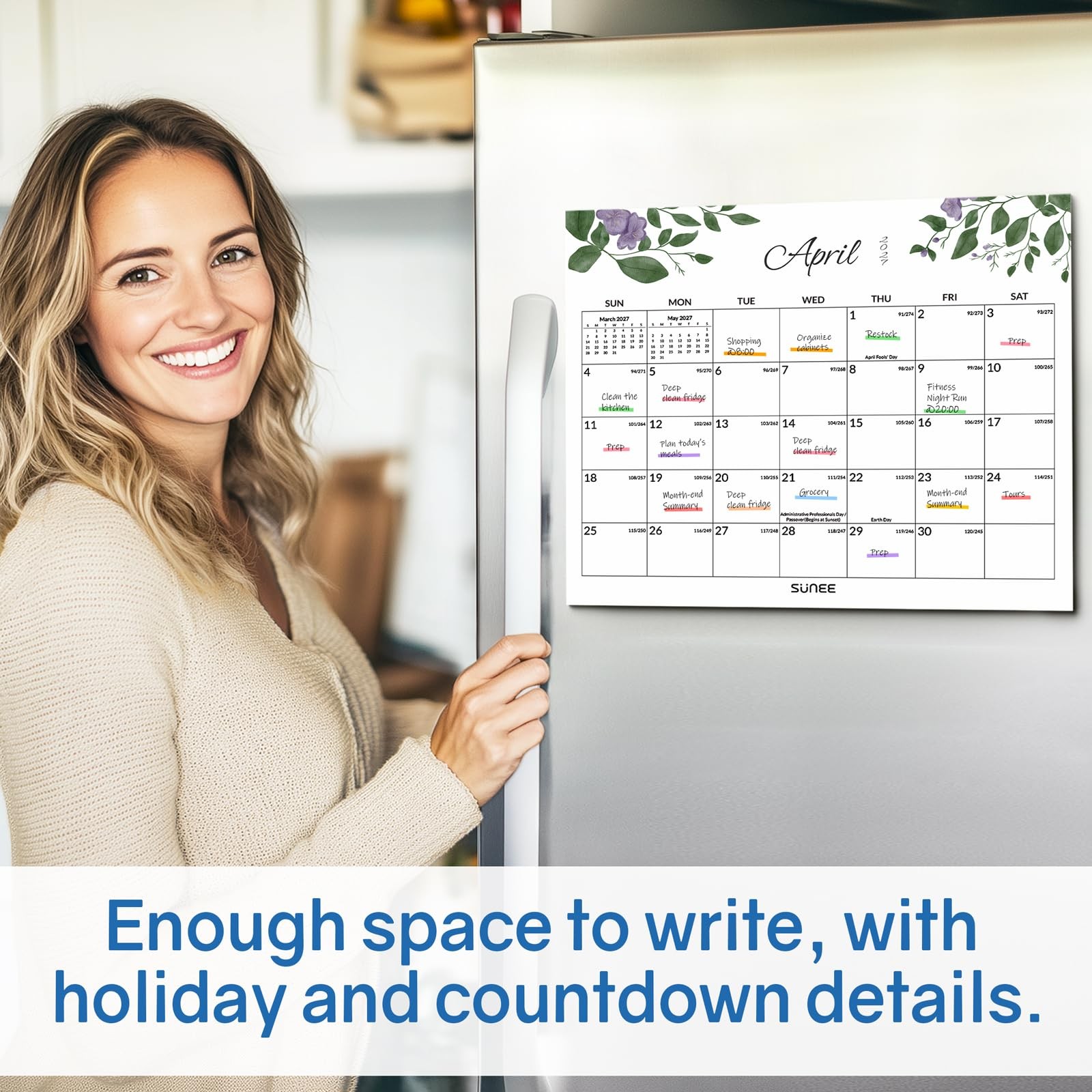 SUNEE Fridge Calendar 2026-2027 from July 2026 to March 2028, Greenery