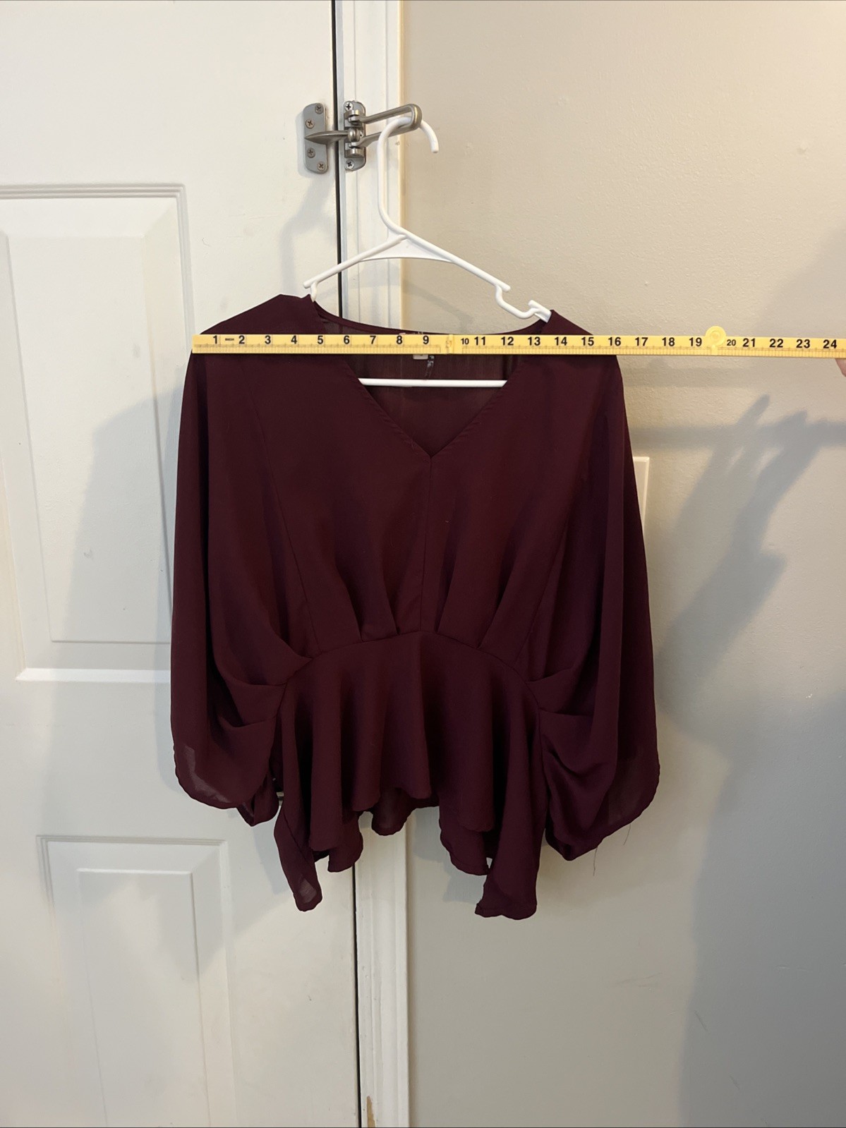 Andree by Unit Burgundy Wine Peplum Top 3/4 Sleeve Small Ruffle Detail Boho