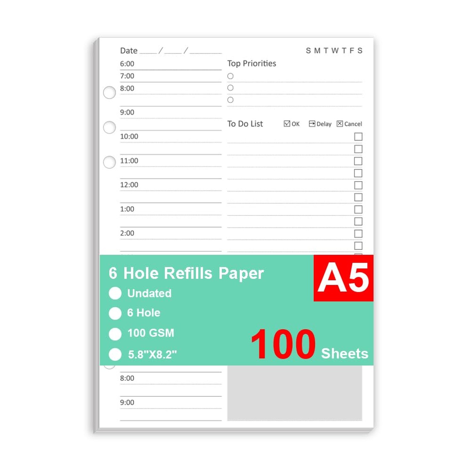 Undated Daily Planner Refill – A5 Planner Inserts, 100 Sheets/200 Pages, 6 Ho…