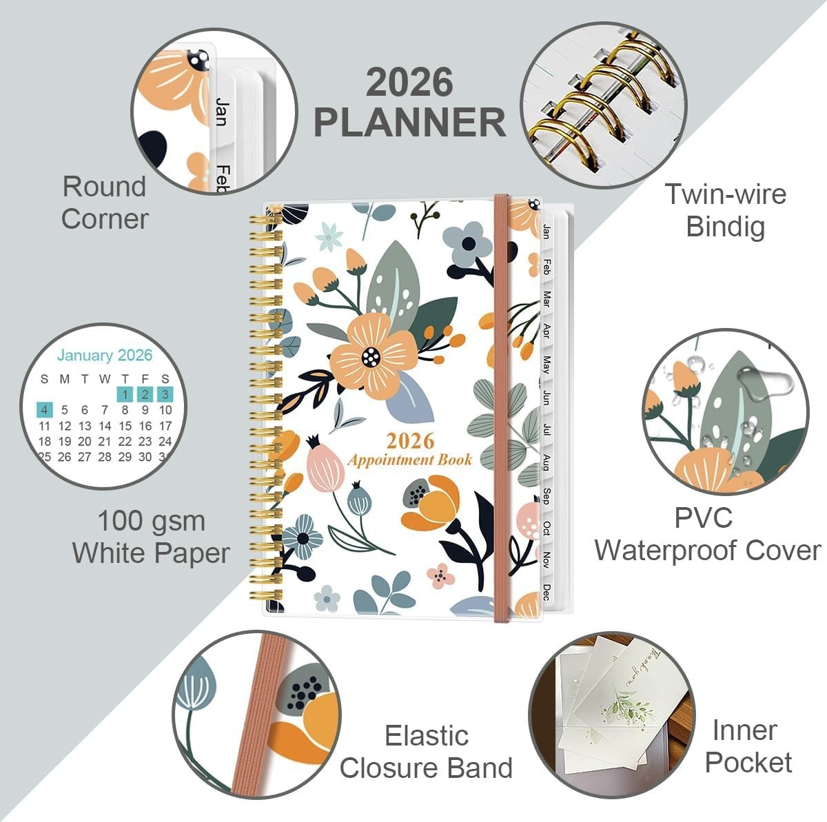 Elegant 2026 Daily Hourly Planner, 6.4” x 8.5”, Rose Color, 30-Min Intervals