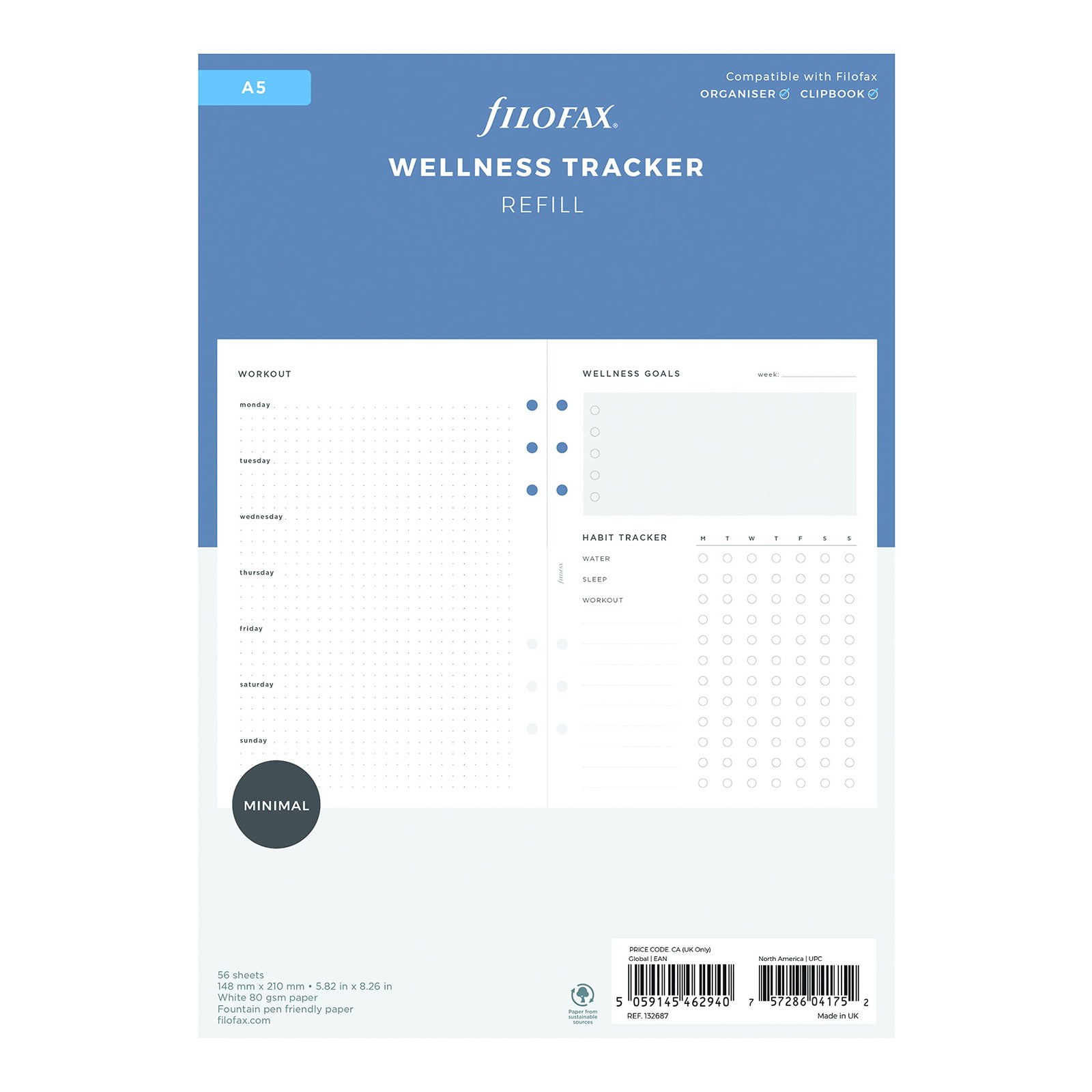 A5 Organizer Refill Wellness Tracker White Paper 8.26×5.82 In 56 Sheet