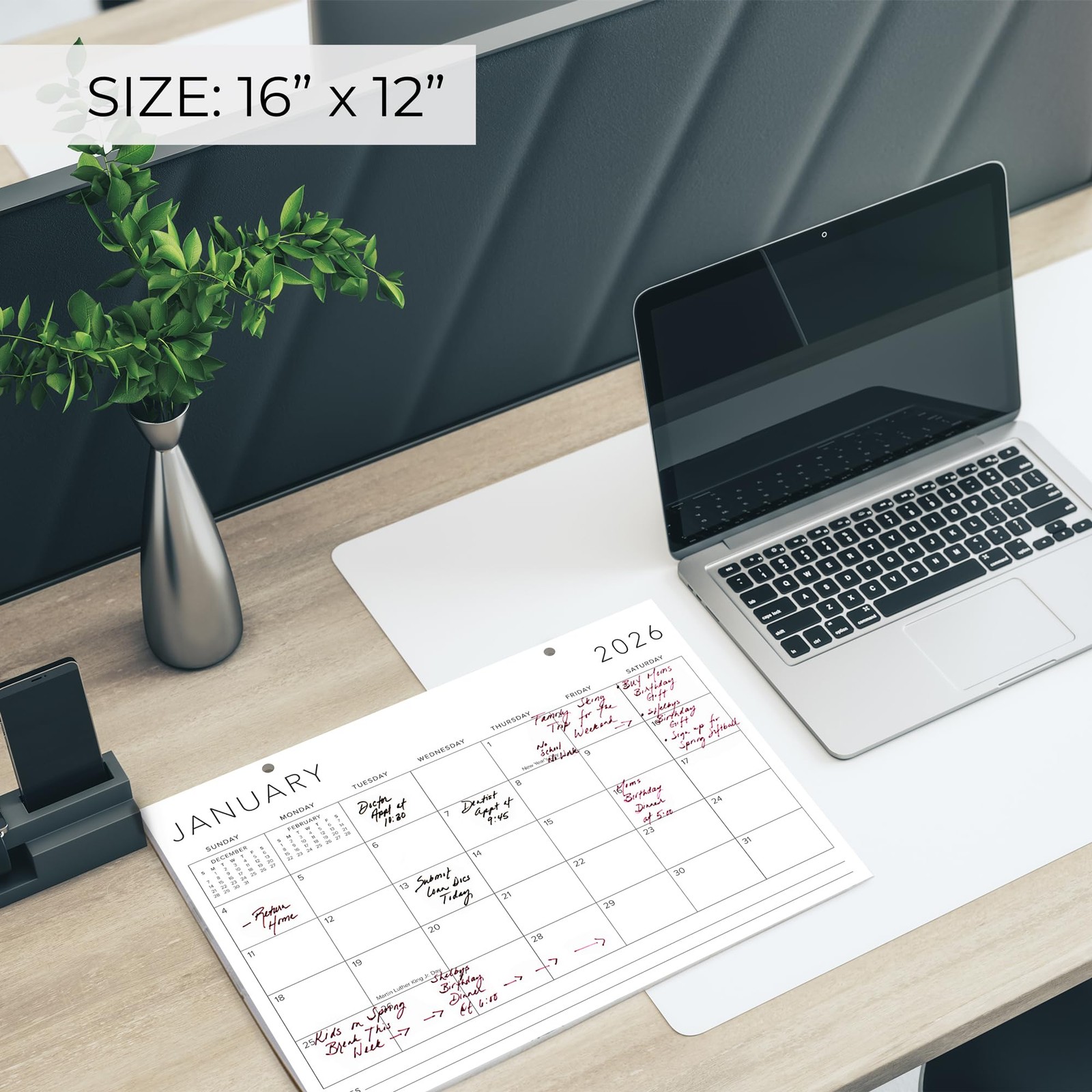 Aesthetic 2026 Desk Calendar 16″ x 12″ – Runs From January 2026 White-Black