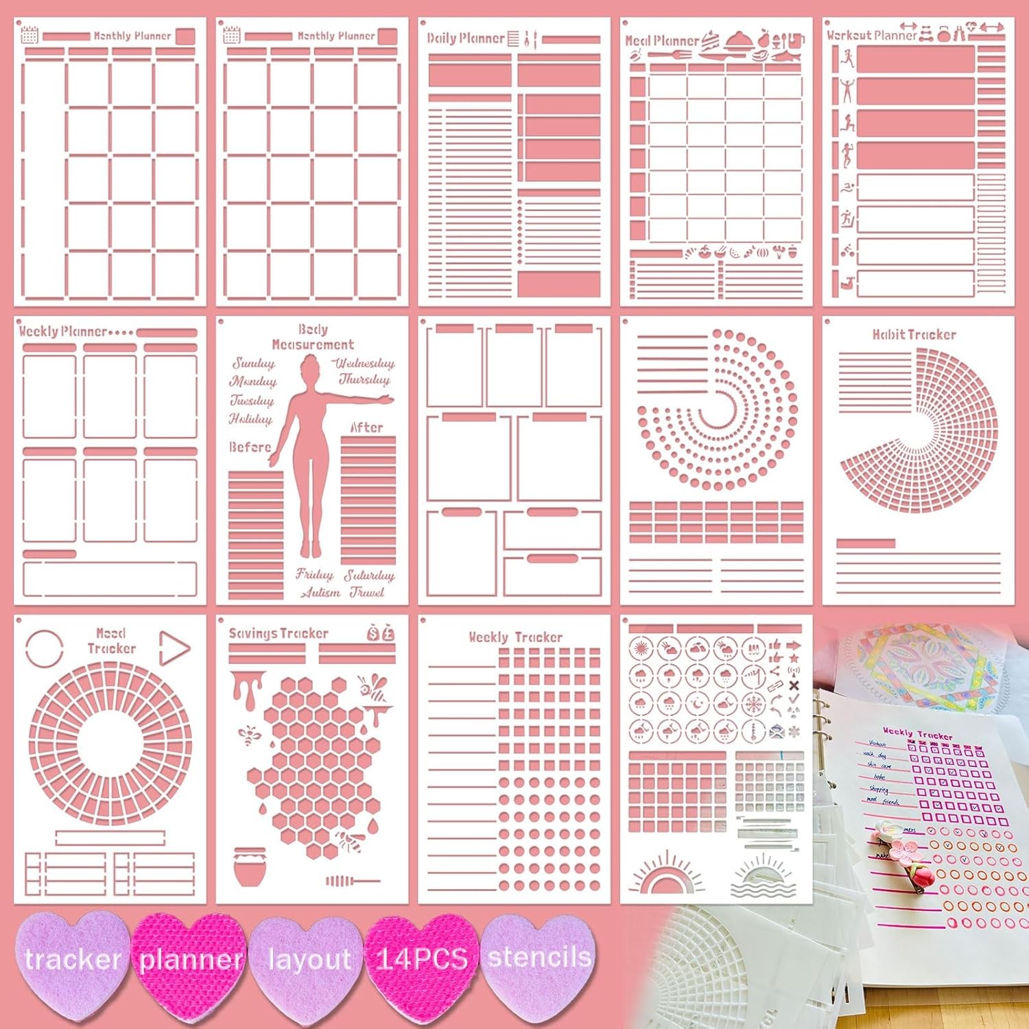 14 PCS A5 Plastic Reusable Multi-functional Tracker & Planner Stencils for…