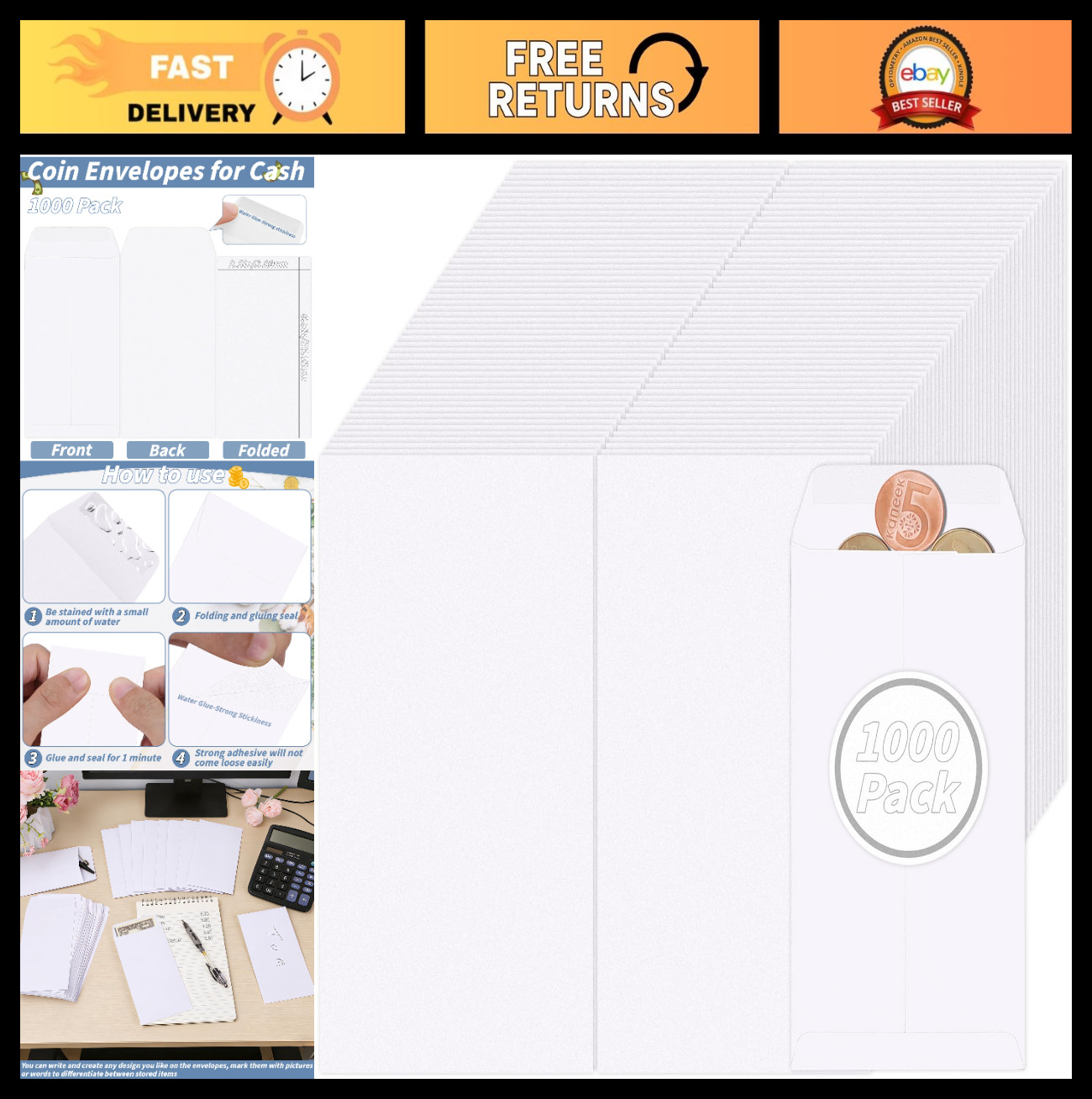 1000 Pcs White Cash Envelopes 3.5×6.5in Gummed Flaps for Money Saving, Coins, Ti